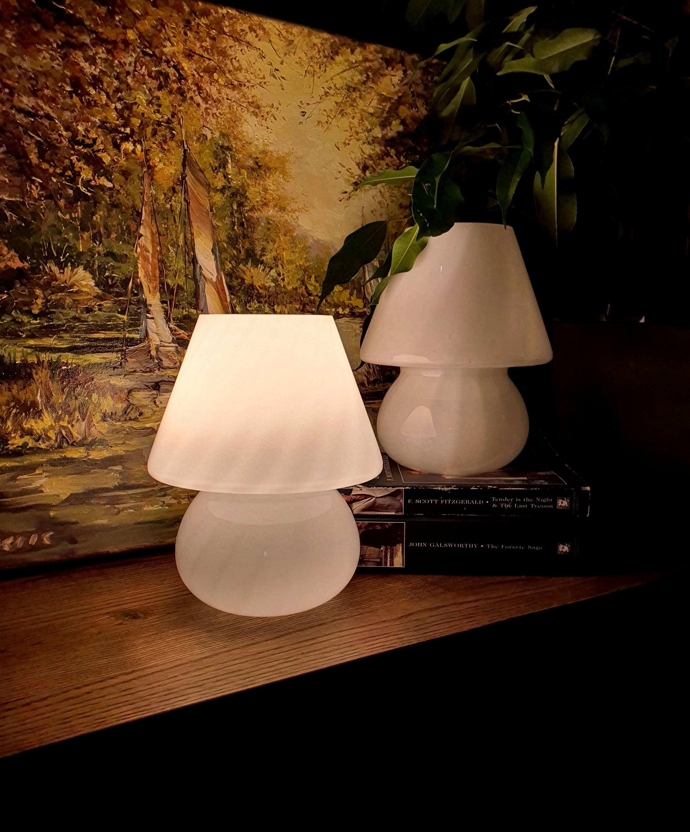 Vintage Murano Glass Mushroom Lamps: White Swirl Bedside Lighting