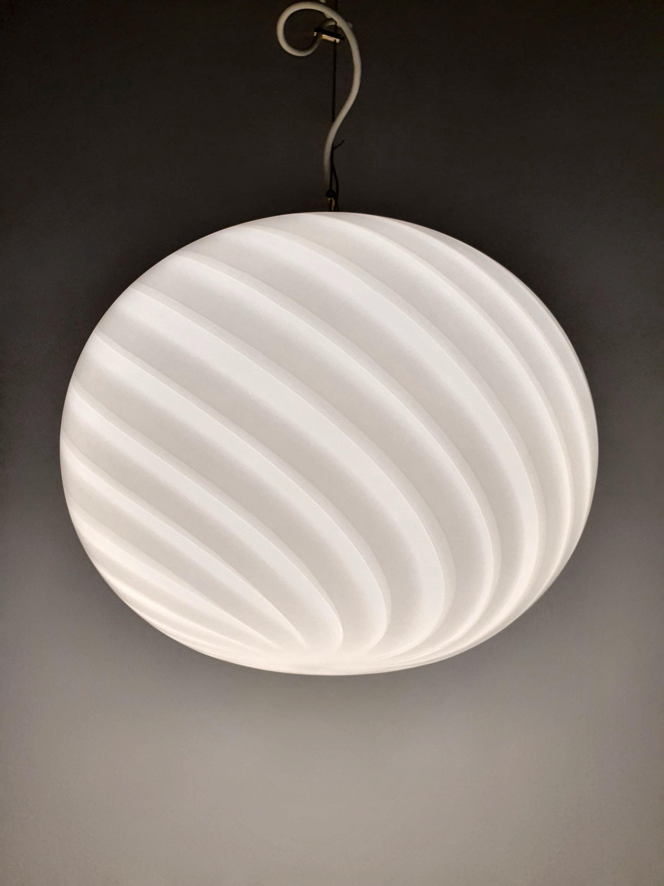 Murano Glass Pendant Light: White Swirl Globe, Vintage MCM Chandelier