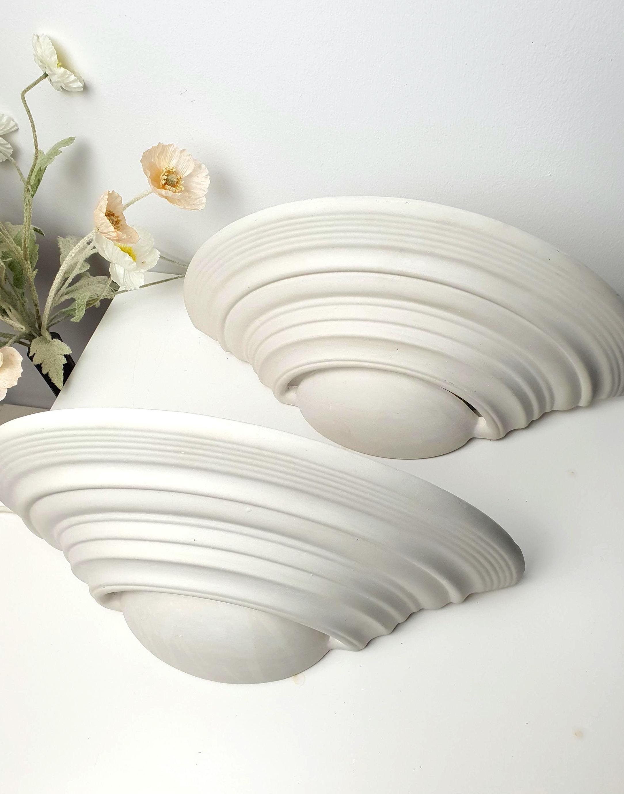 Vintage French Plaster Shell Sconces: Art Deco Minimalist Wall Lights