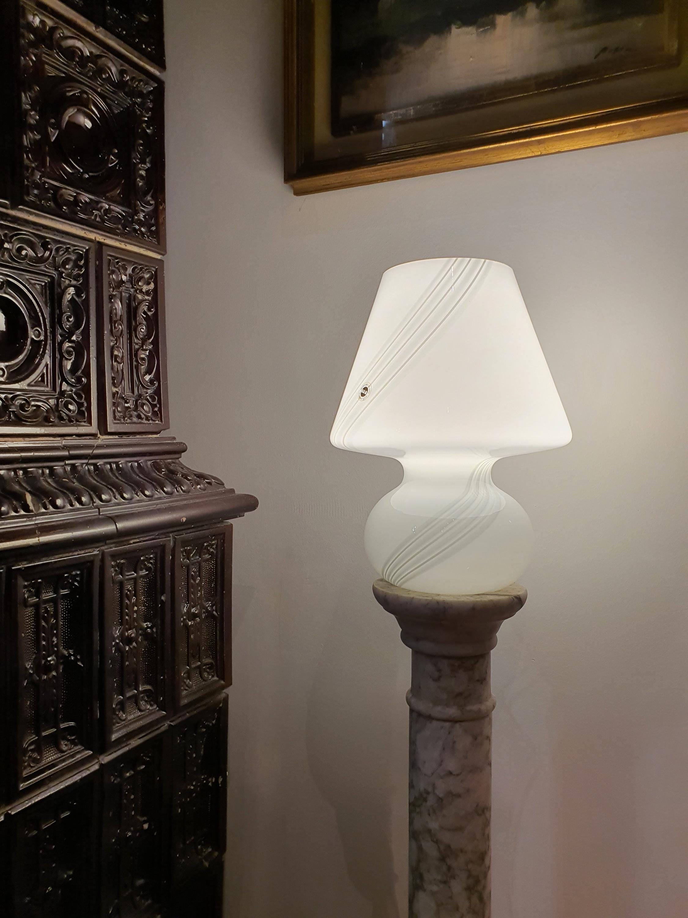Murano Glass Mushroom Lamp: 1980s Mid Century Modern Swirl Bedside Light