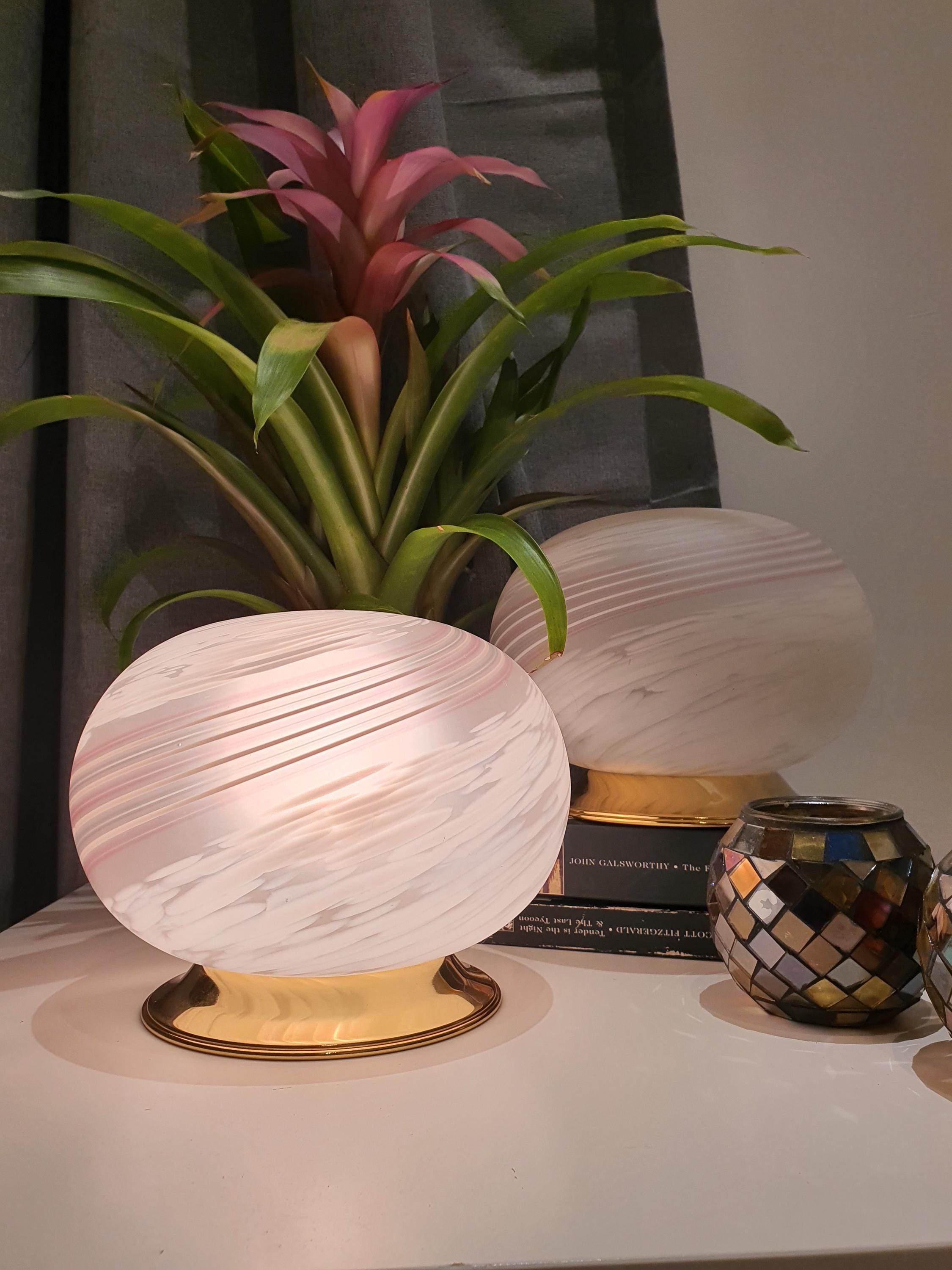 Murano Glass Table Lamps: White Swirl Globe, Golden Base, 1980s Italian MCM