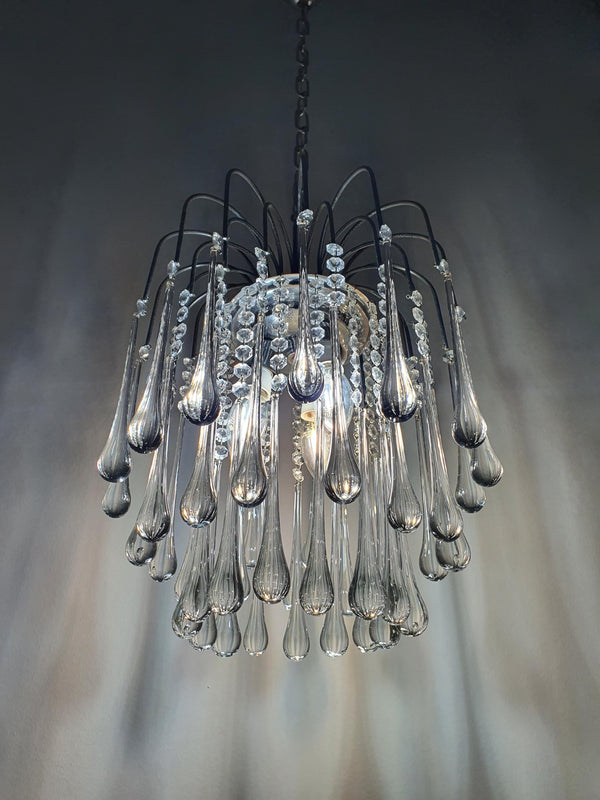 Vintage Murano-Glas Kronleuchter – Klare Tropfen-Kaskade, Chromrahmen, Hollywood Regency, 1980er Jahre