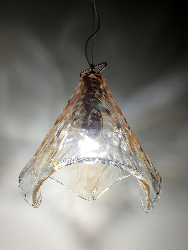 Suspension vintage La Murrina en verre de Murano – Verre transparent et gouttes couleur miel, monture dorée, forme organique fluide