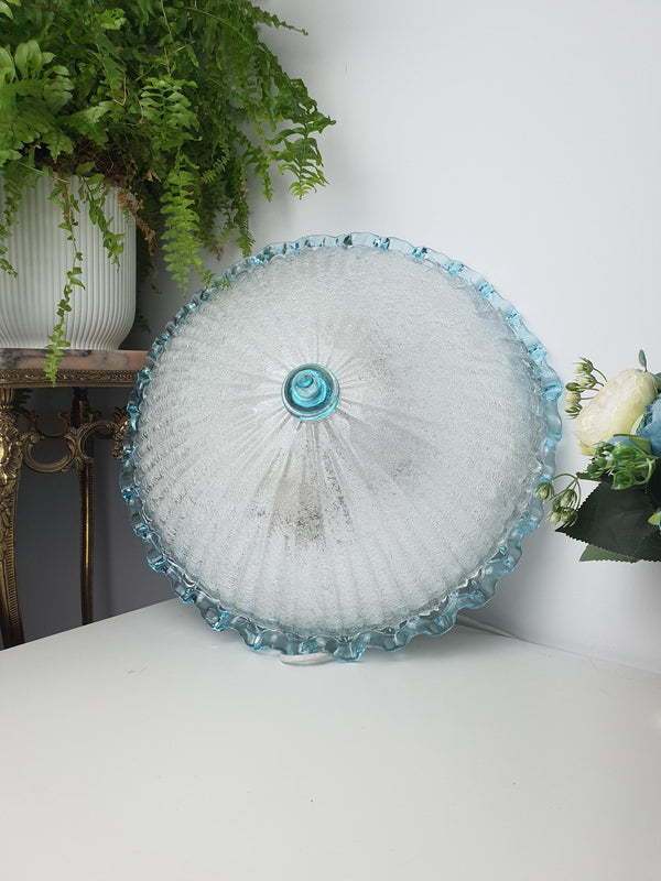 Vintage Murano-Glas-Blüten-Deckenleuchte – Graniglia-Eisglas, hellblauer Rand, zentraler kegelförmiger Diffusor
