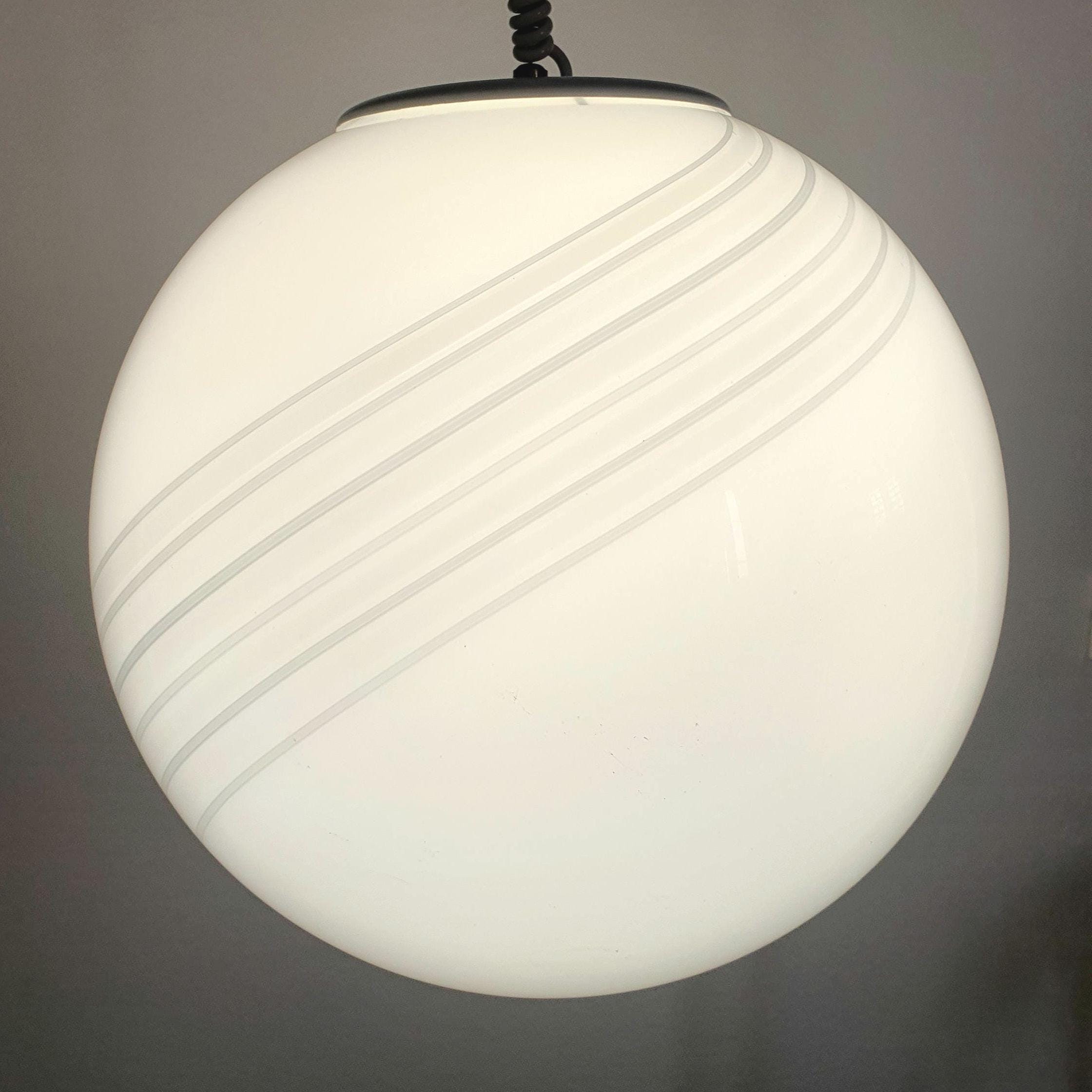 Murano Glass Globe Pendant Light: White Gray Swirl, Retro Scandinavian Decor