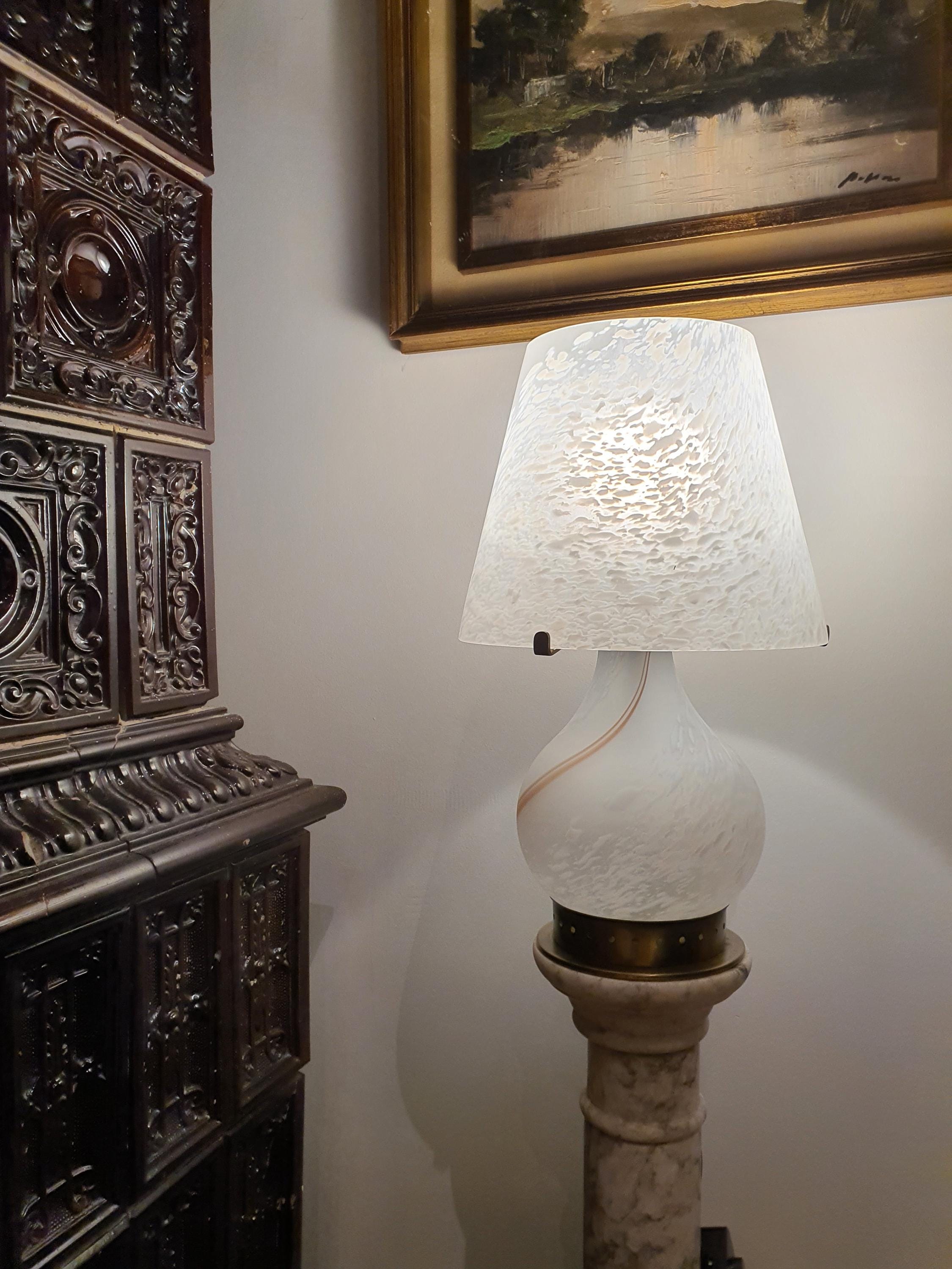 Murano Glass Mushroom Desk Lamp: White Swirl Vintage Table Light