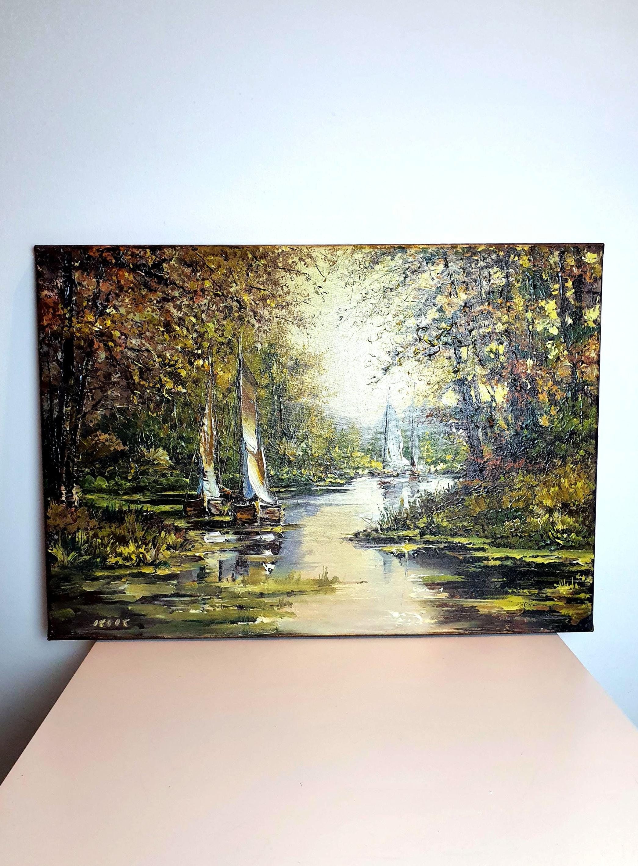 Vintage Sailing Boats Landscape: Original Signed Acrylic Painting by Janusz Kik