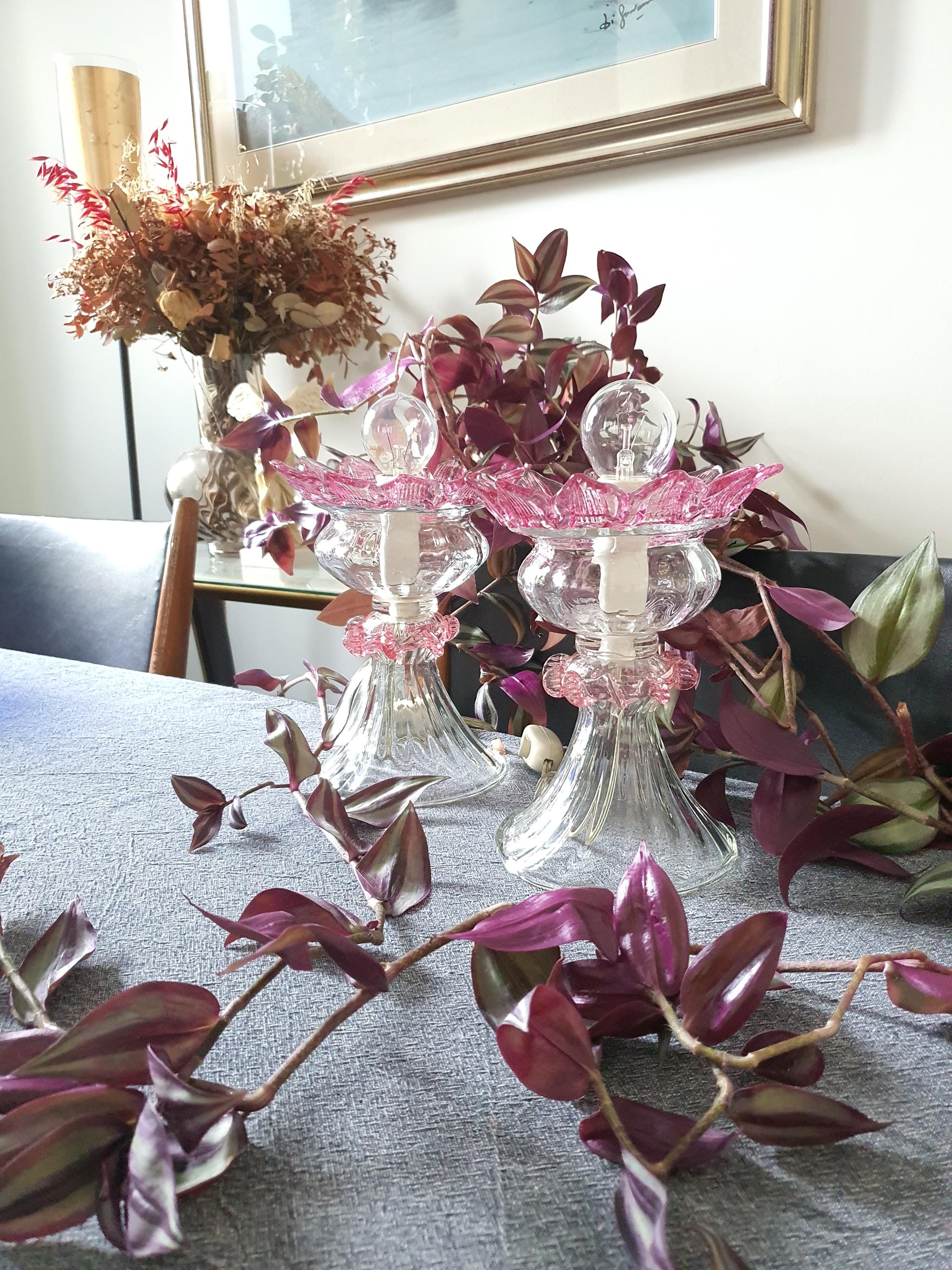 Pink Art Deco Murano Glass Tulip Bedside Lamps: MCM Retro Lighting
