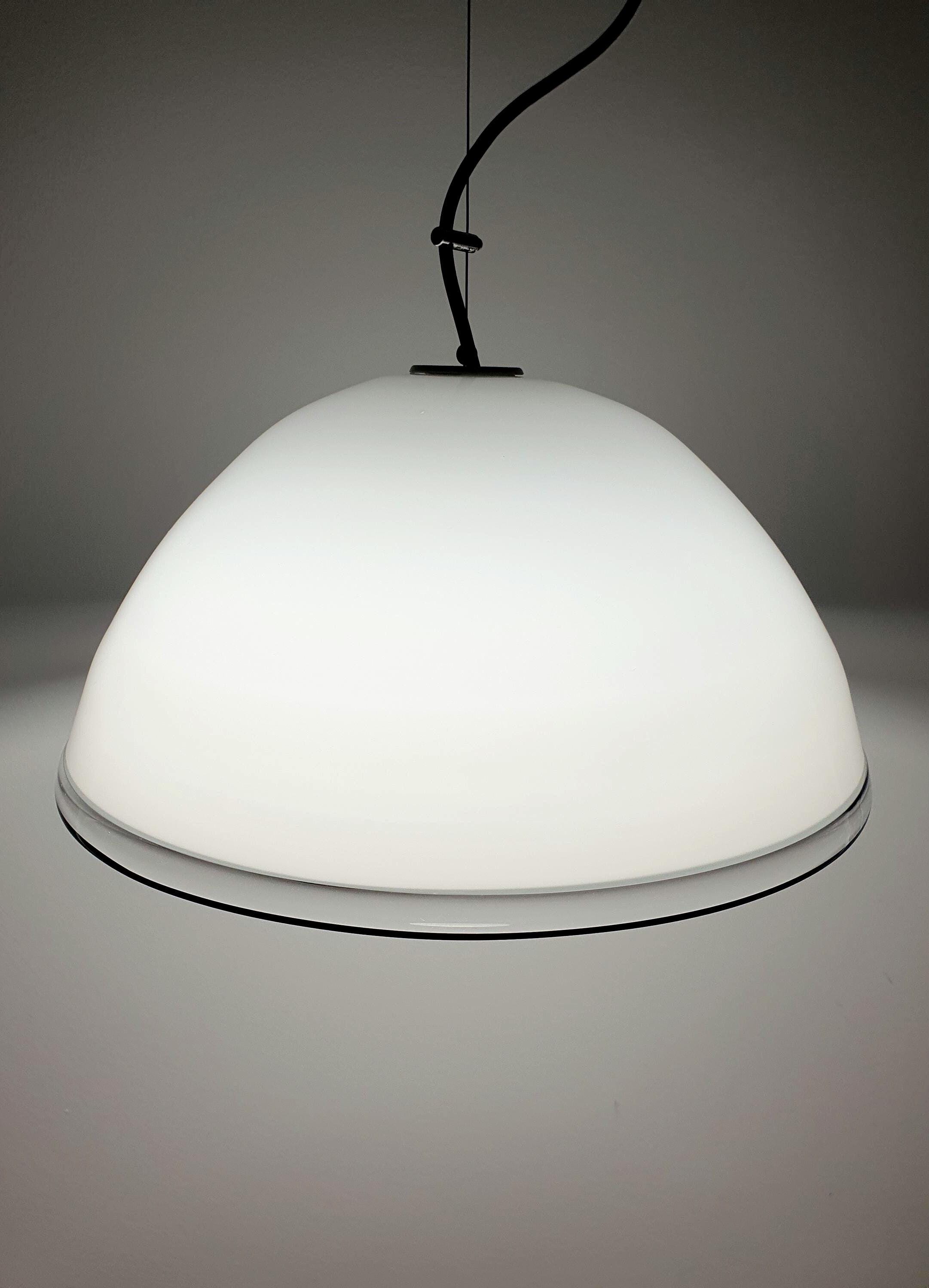 White bell minimalist pendant light in vintage Murano glass with black edge