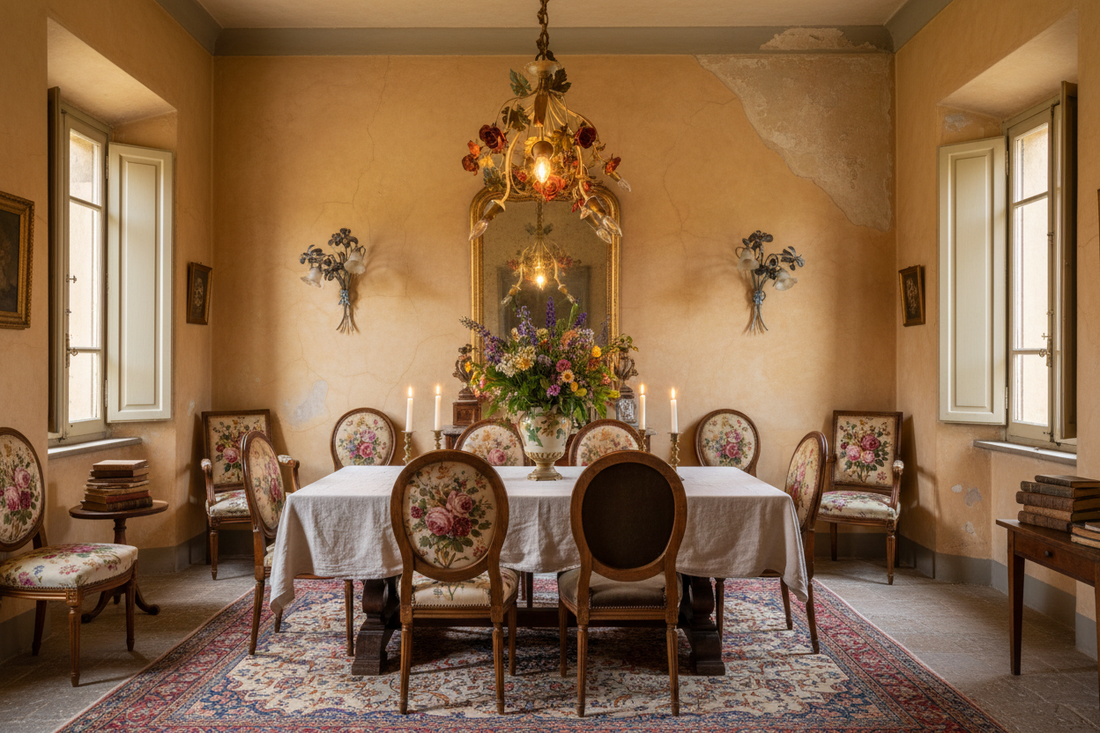 Vintage Italian tole chandelier with hand-painted red roses and gold arms glowing above a rustic dining table in a romantic French Provençal interior with ochre walls and tole floral wall sconces