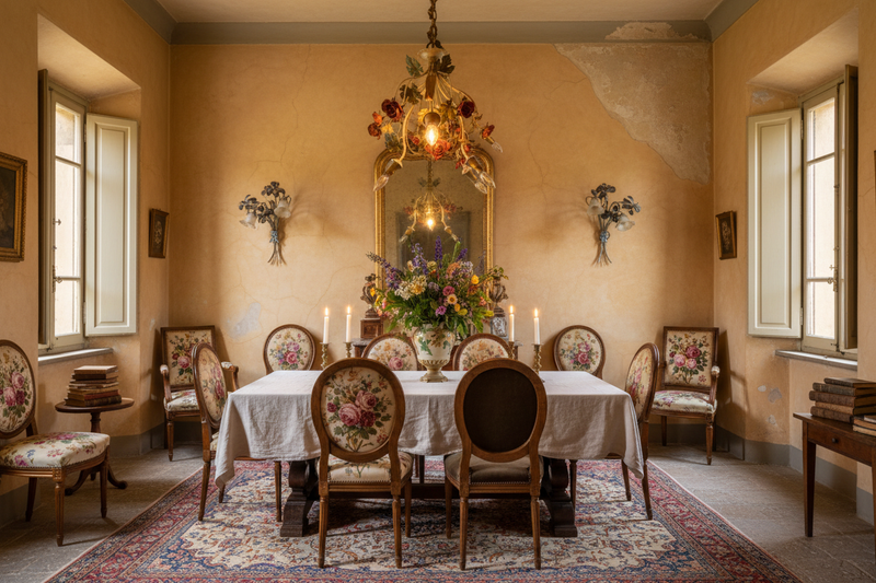 Vintage Italian tole chandelier with hand-painted red roses and gold arms glowing above a rustic dining table in a romantic French Provençal interior with ochre walls and tole floral wall sconces