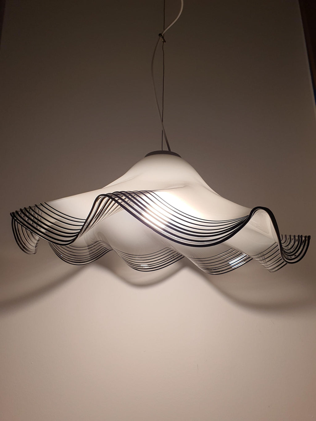 Vintage Murano Glass Pendant Light: Handkerchief Style, Black Stripe Edge