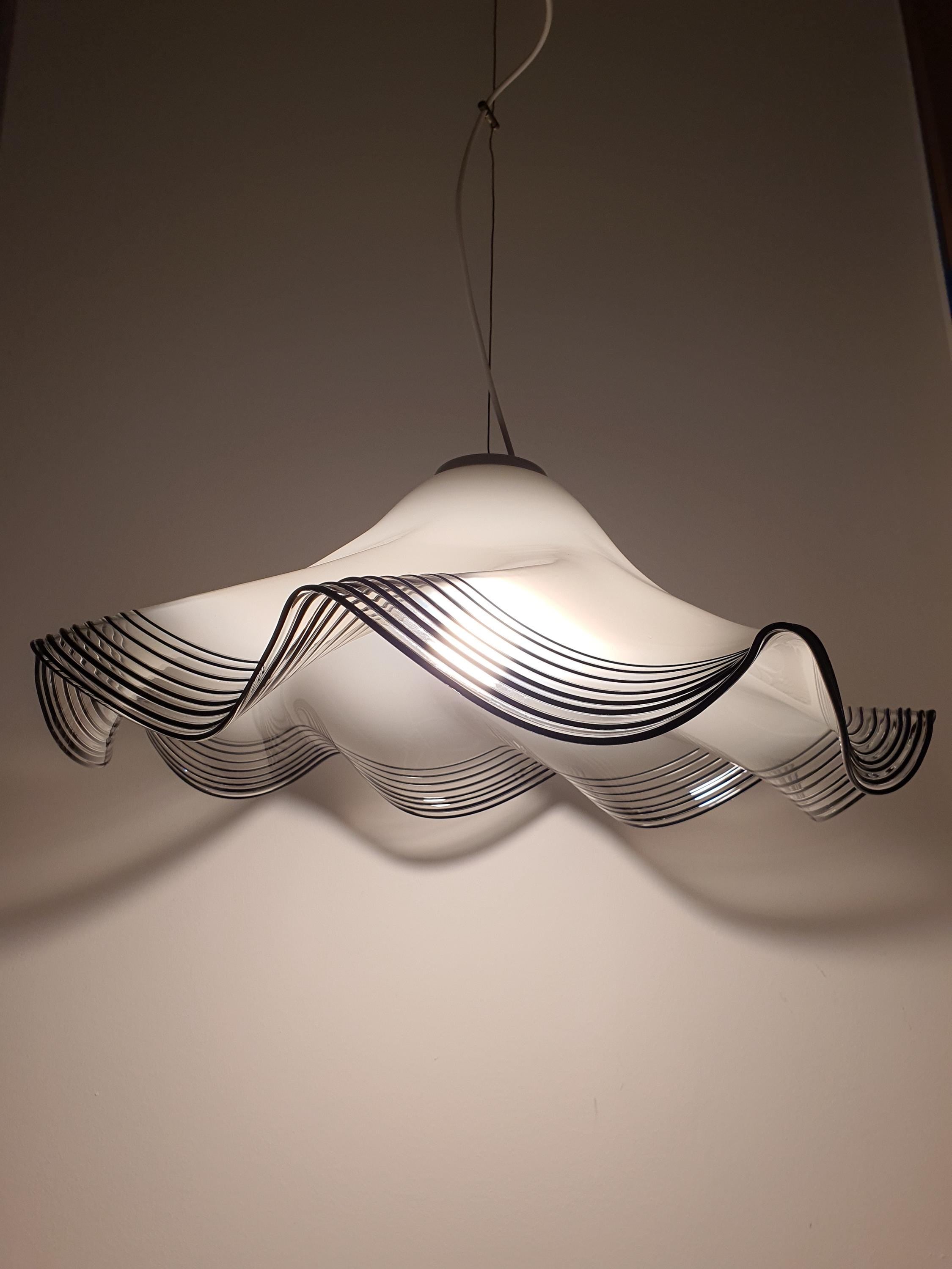 Vintage Murano Glass Pendant Light: Handkerchief Style, Black Stripe Edge