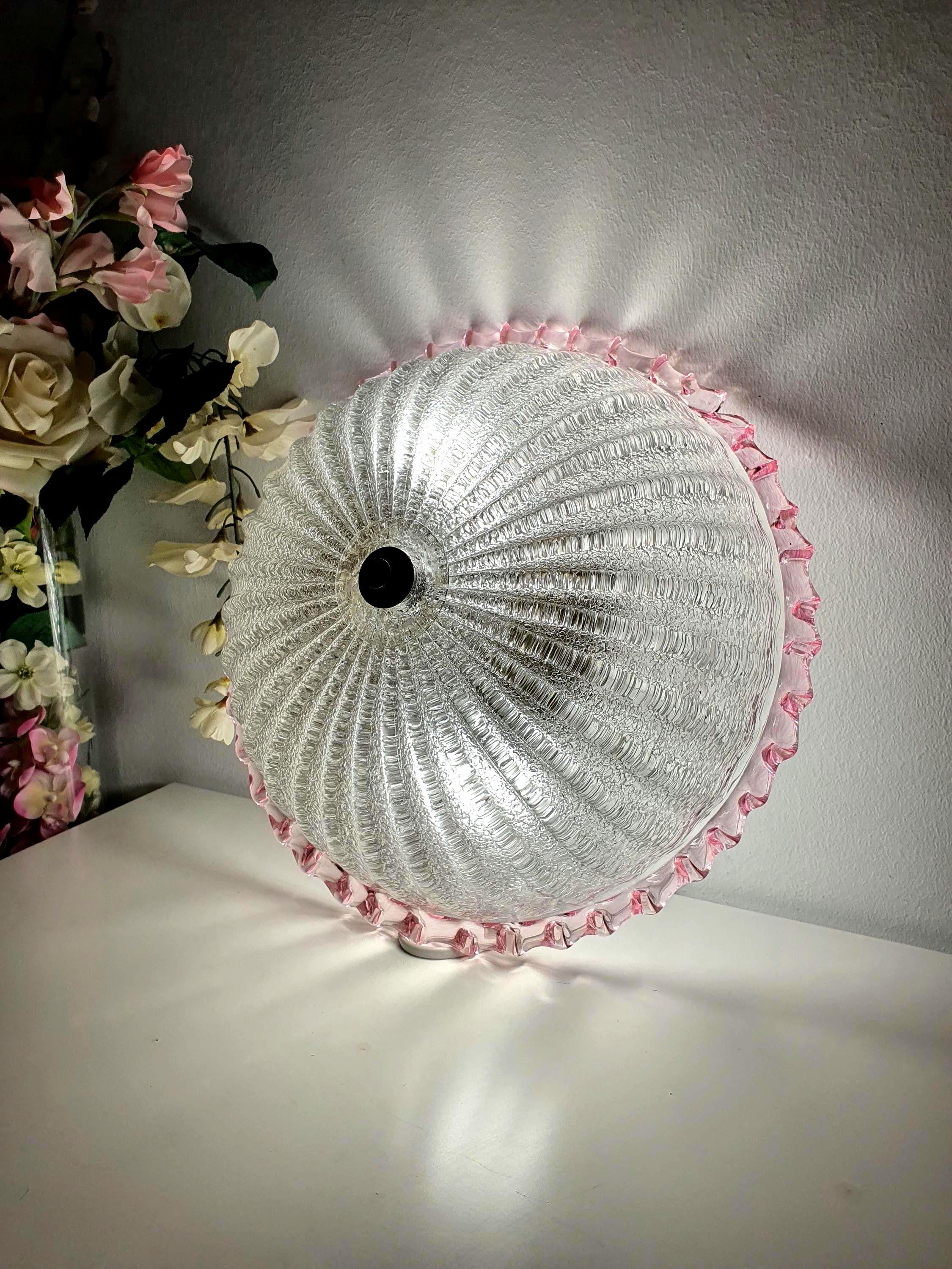 Vintage floral Murano glass flush mount ceiling light, frosted sand finish with pink edge
