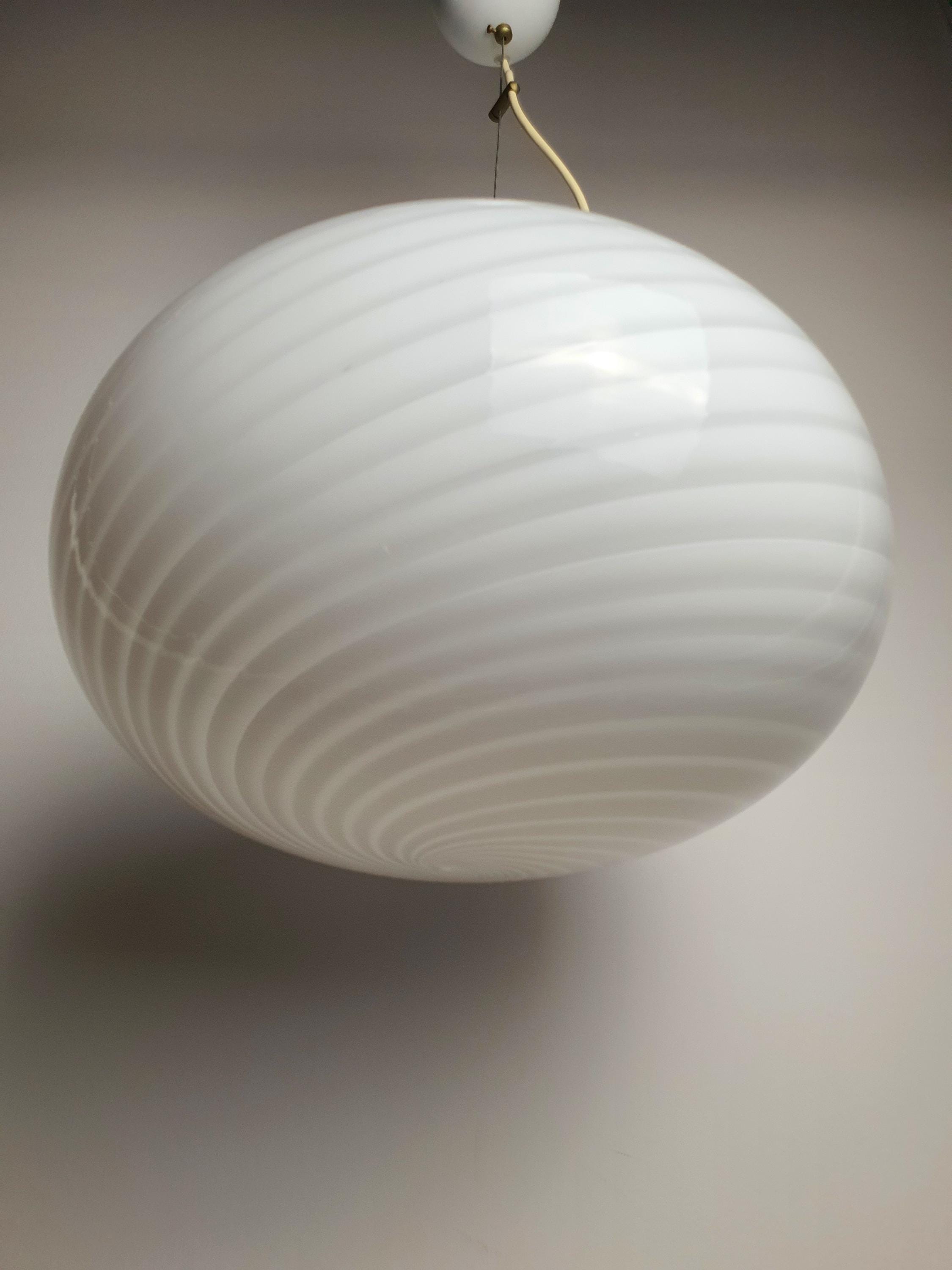 White Swirl Murano Glass Pendant Light: Vintage Italian MCM Chandelier