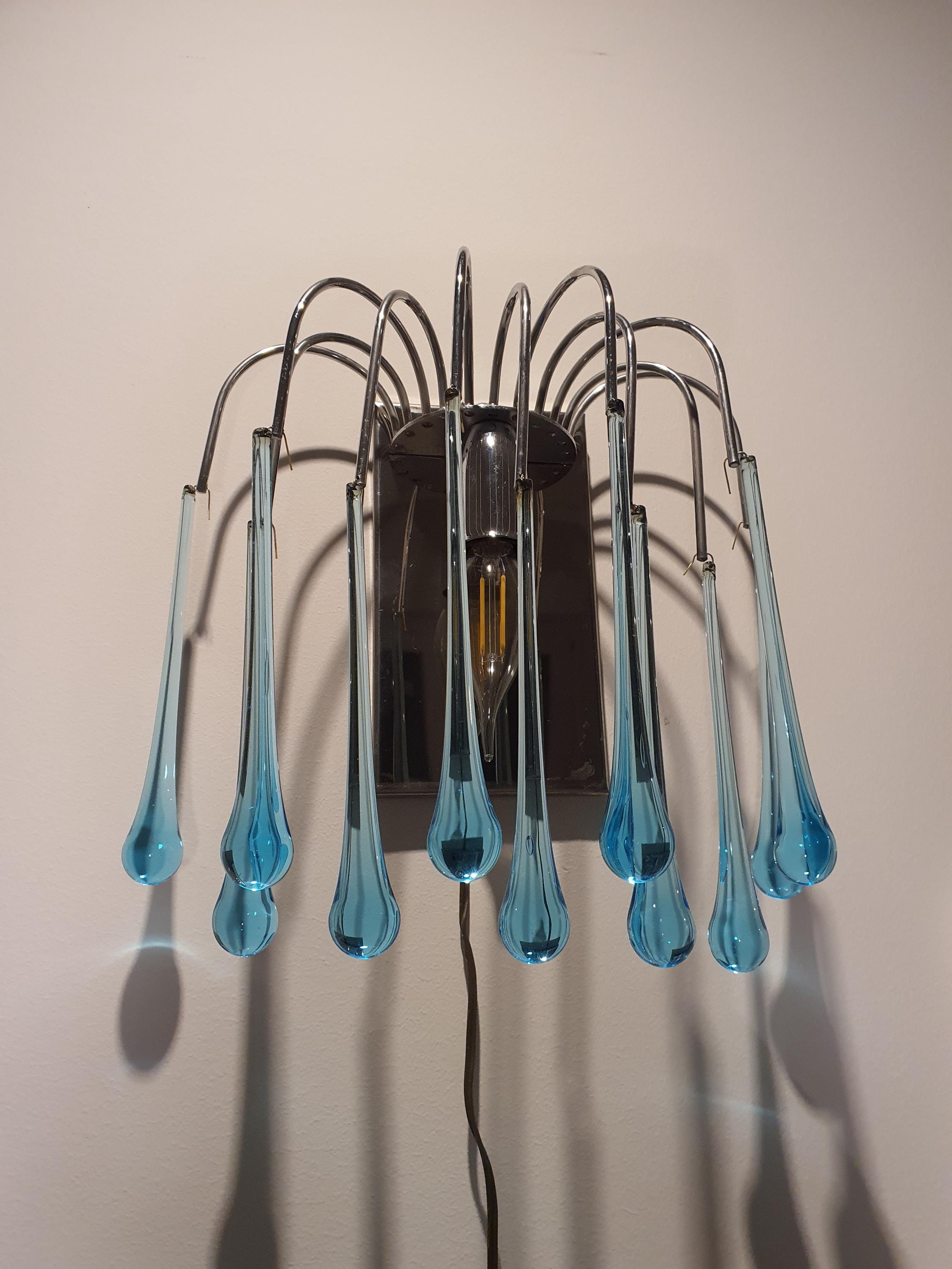 Vintage Murano Glass Teardrop Sconce: Blue Waterfall Light Fixture