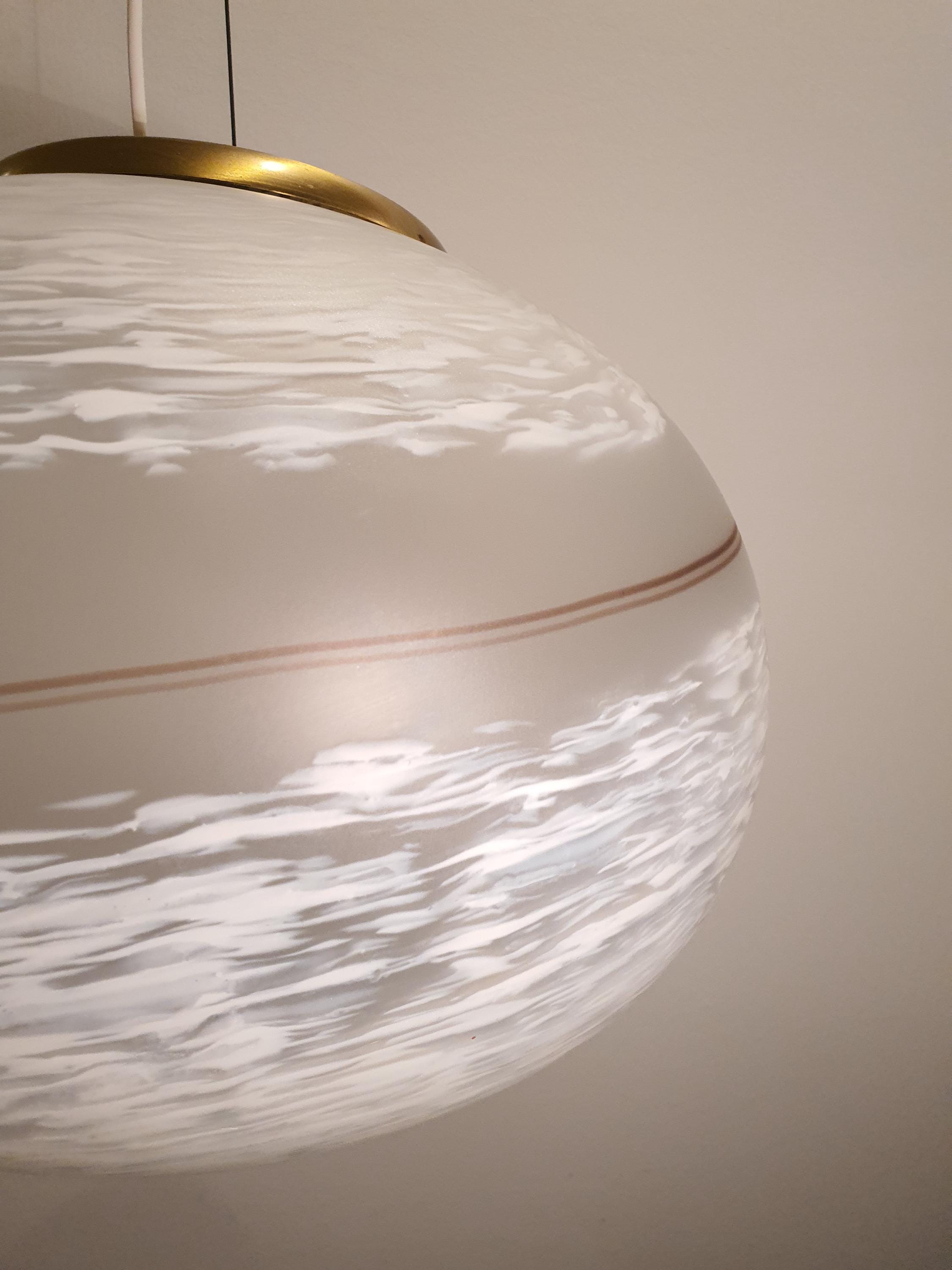 Murano Glass Pendant Light: Retro White Swirl Globe, Mid-Century Scandinavian Lamp