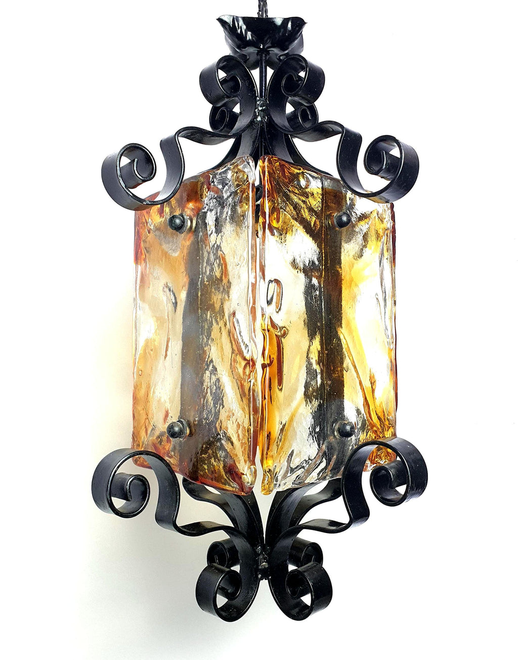 Vintage Murano glass pendant, amber clear and black art glass diffuser, black wrought iron frame, Mazzega style, Italy 1960s–1970s