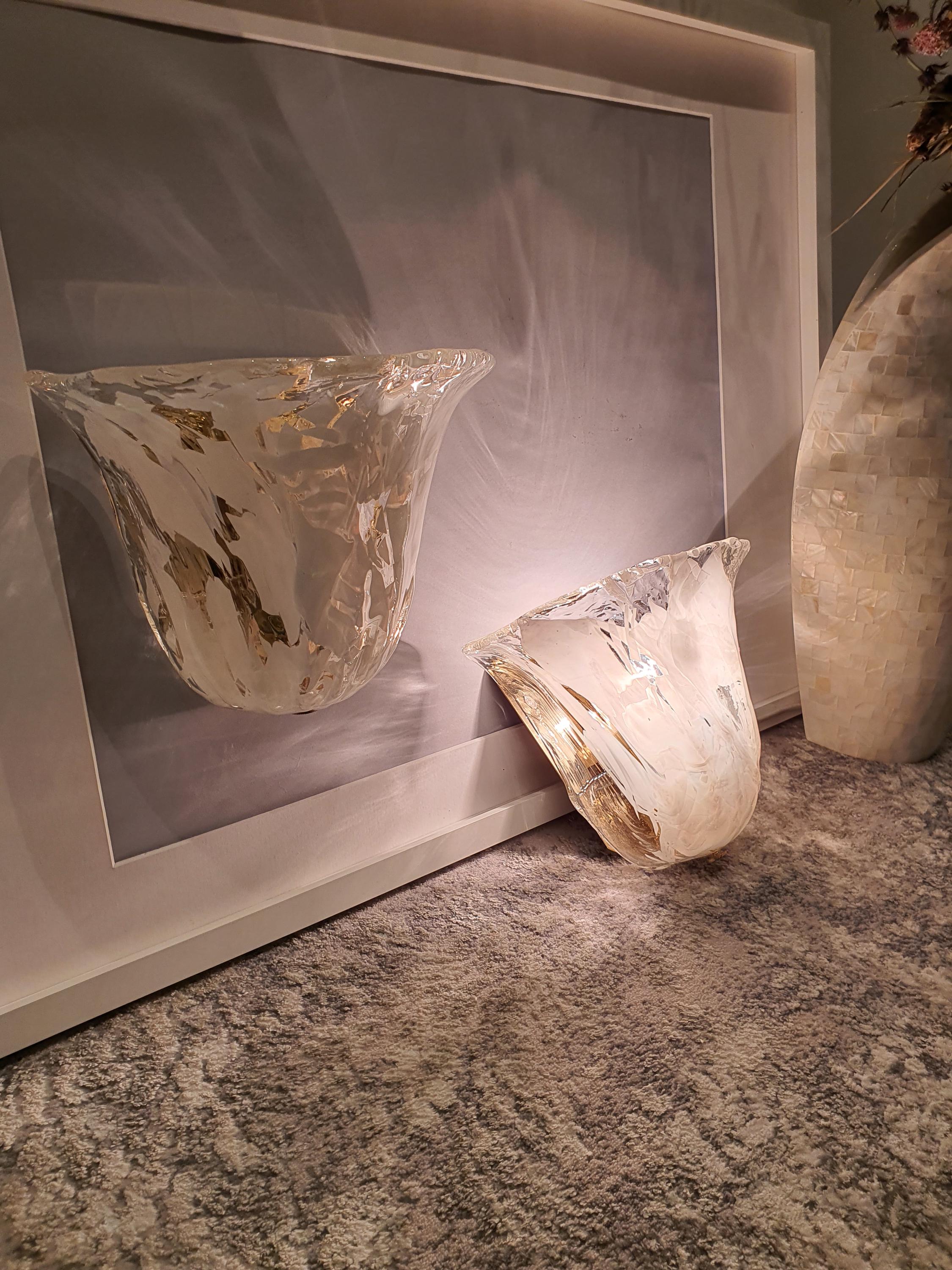 Pair of White La Murrina Floral Wall Sconces on Golden Bases | Vintage Murano Glass Organic Luxury Lighting