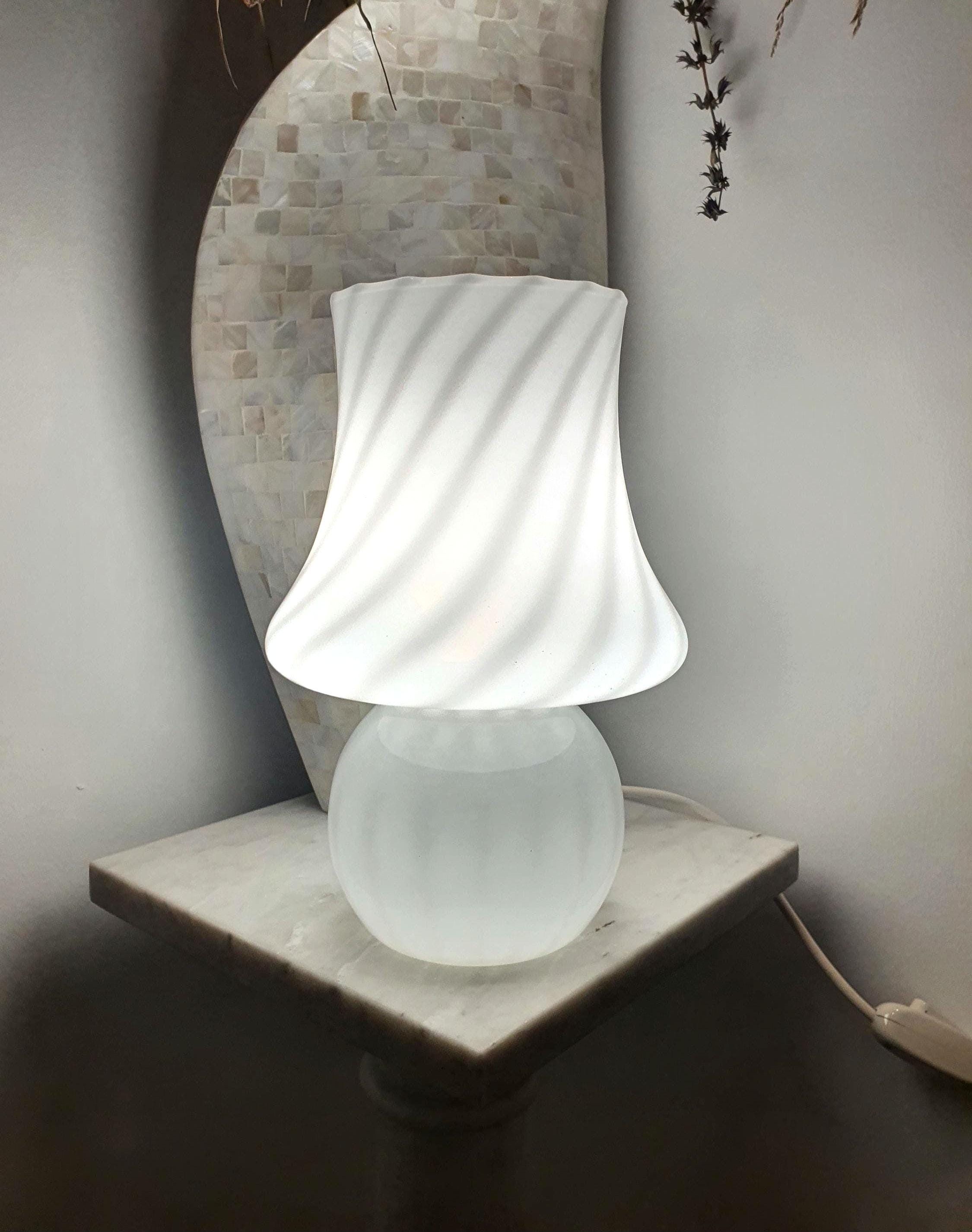 Vintage Murano Glass Mushroom Lamp: White Swirl Scandinavian Bedside Light