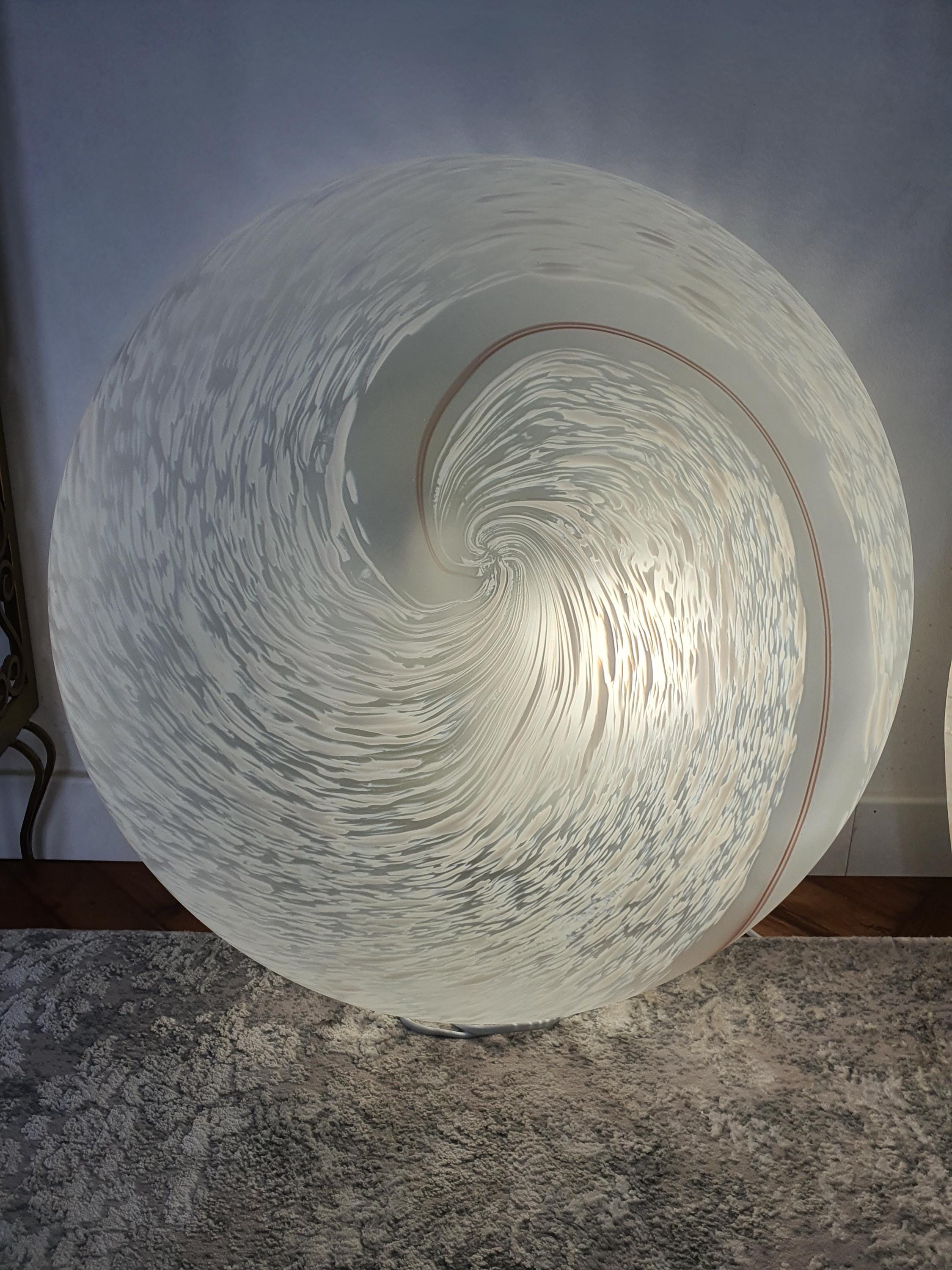 XL Vintage Murano Glass Flush Mount Light: White Brown Swirl, Mid-Century Modern
