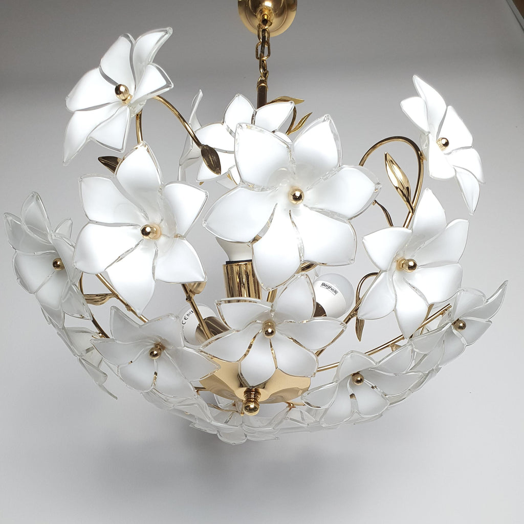 Vintage Murano Glass White Floral Chandelier | Hollywood Regency Dining Lighting