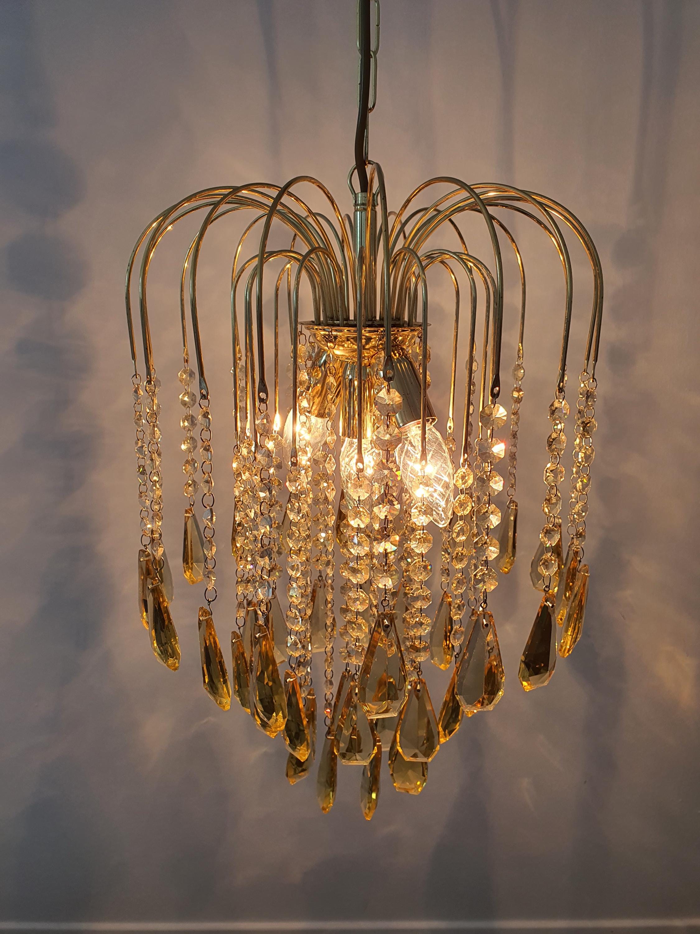 Vintage Honey Yellow Teardrop Chandelier: 1980s Hollywood Regency Gold Light