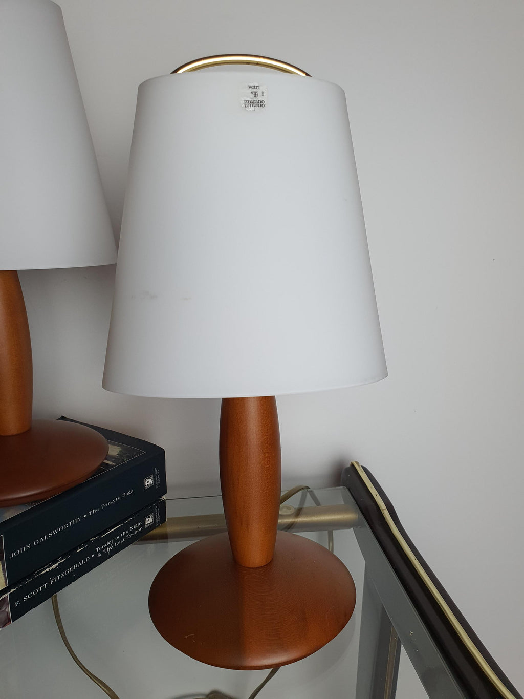 Due P. Vintage Murano Glass Desk Lamps | Pair of Italian Midcentury Wooden-Base Lights