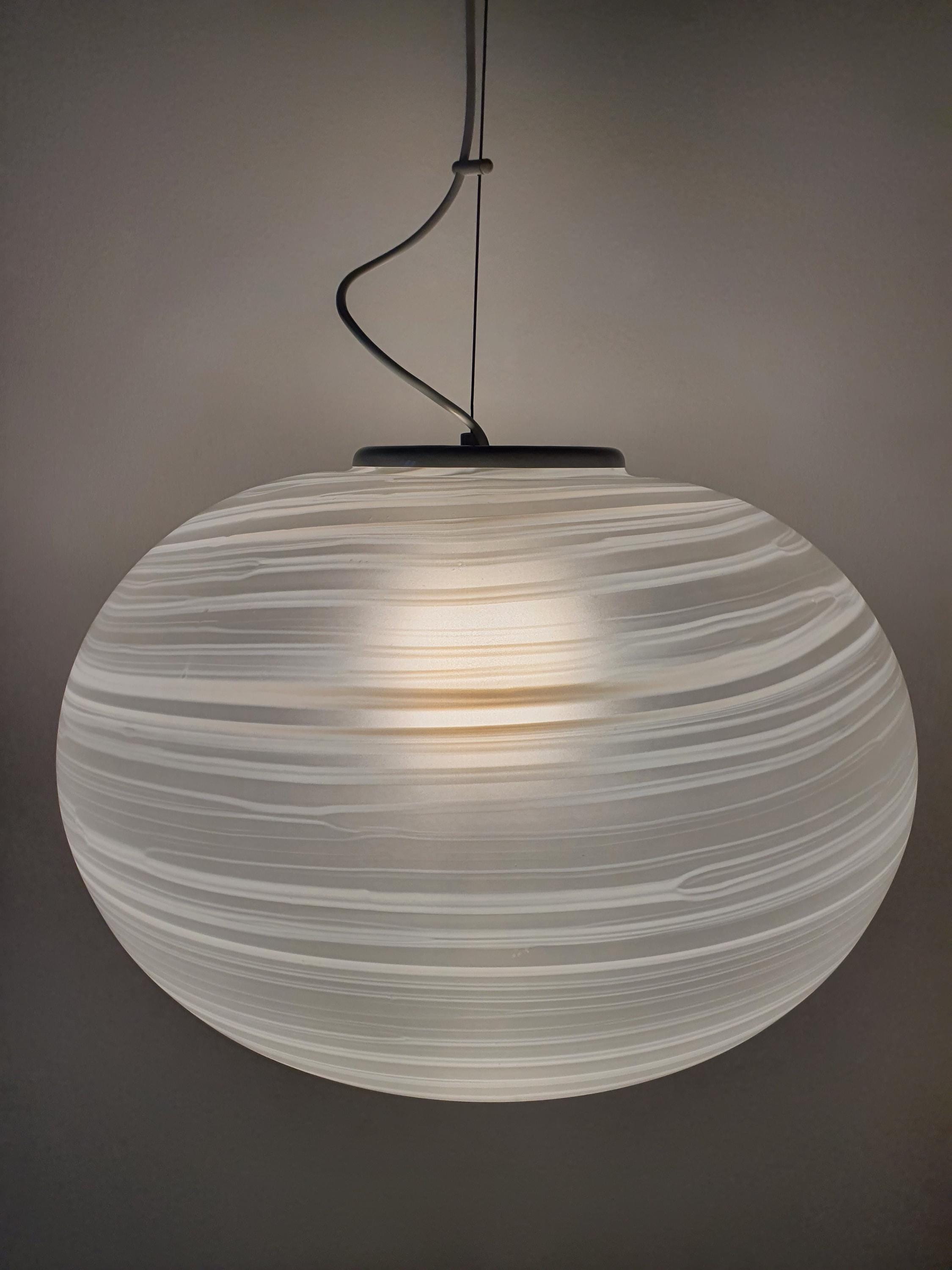 Large Matte Murano Glass White Swirl Globe Pendant Light