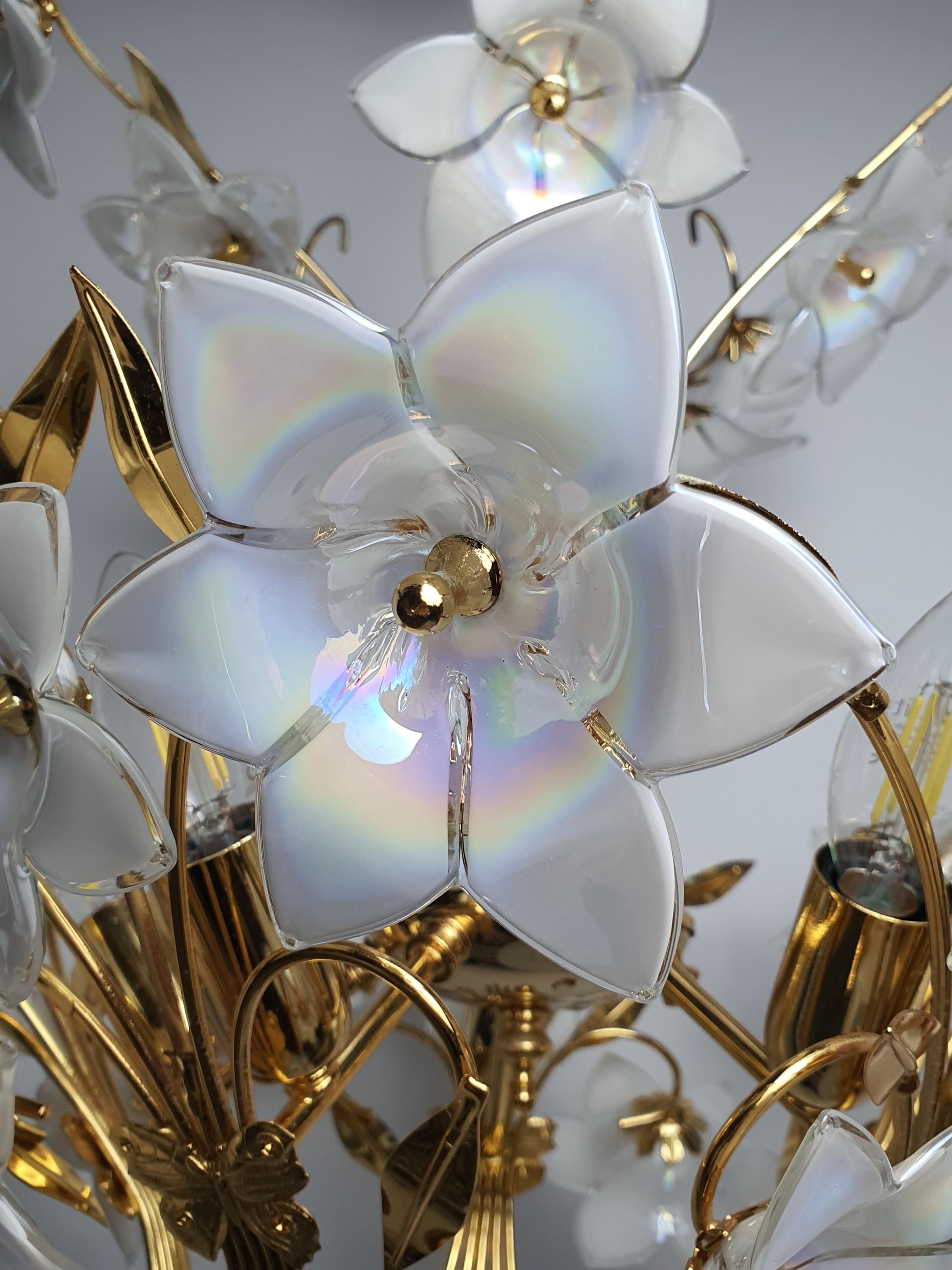 Vintage Murano floral chandelier unlit, showing abundant white iridescent flower arrangement and gold structure