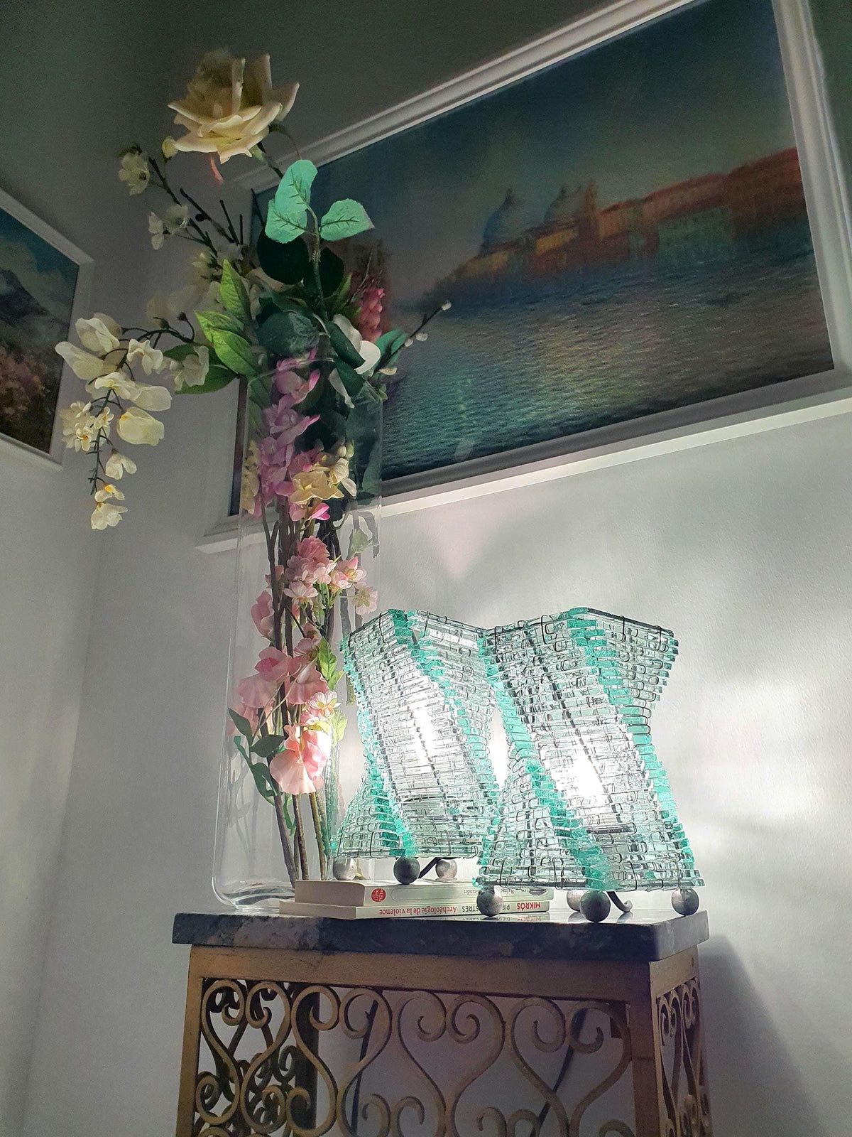 Pair of vintage glass bedside lamps with twisted mosaic columns
