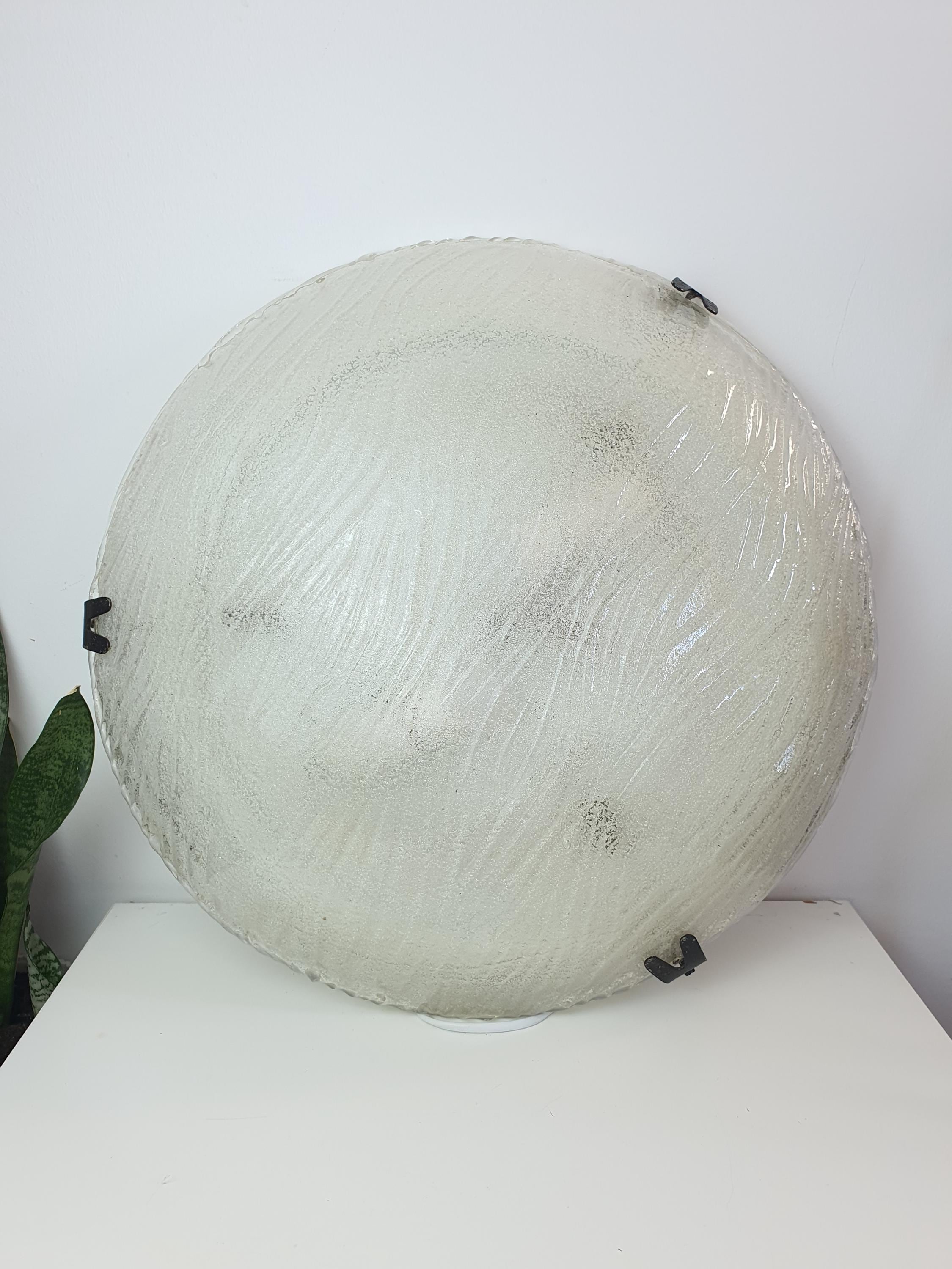 Large vintage Venetian shell flush mount in dining room, soft ribbed glass glow, low ceiling statement, Venetian Art Deco