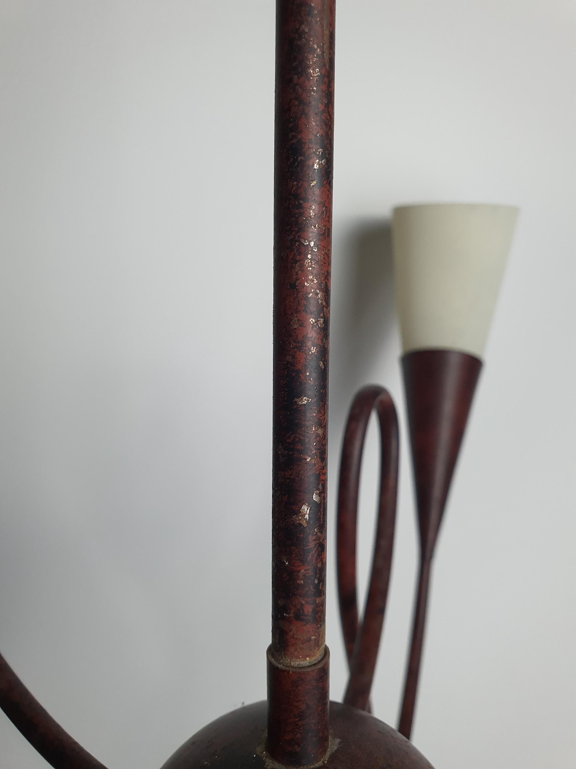 Postmodern Terzani Style 5 Arm Wrought Iron Chandelier Murano Glass Cones