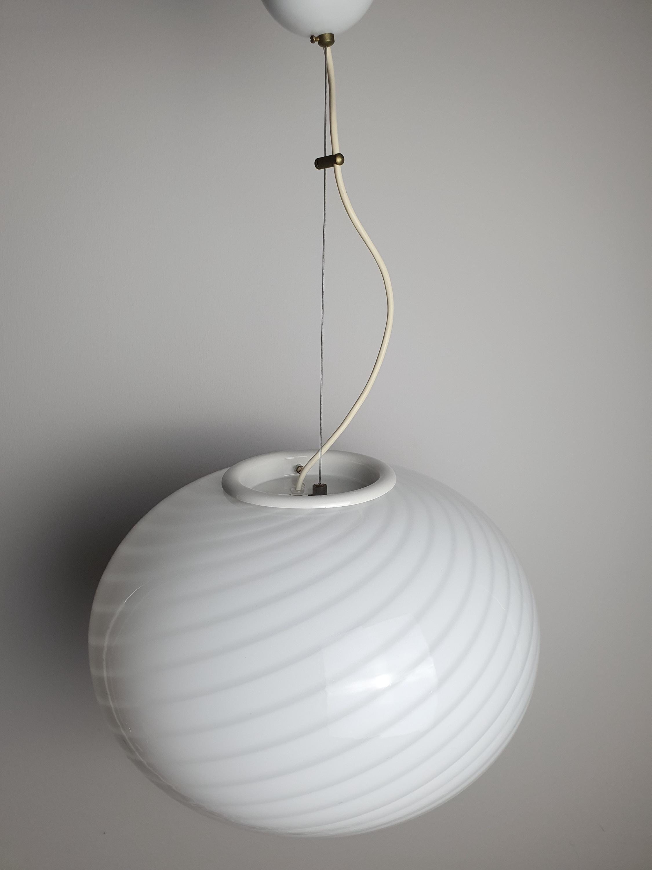 White Swirl Murano Glass Pendant Light: Vintage Italian MCM Chandelier