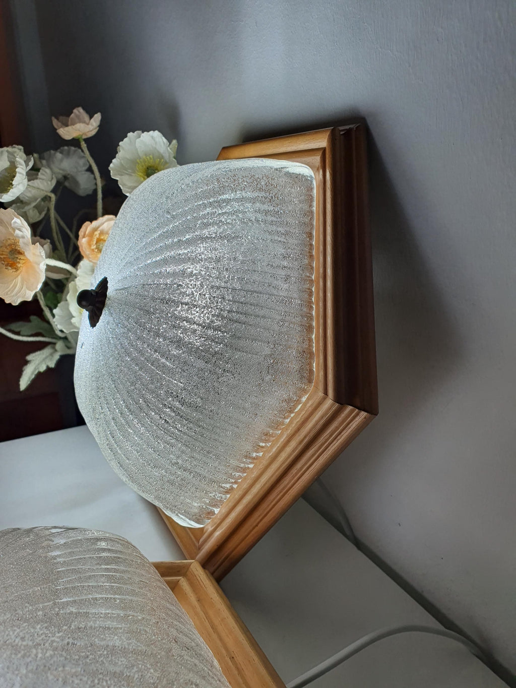 Pair of Vintage Frosted Glass Flush Mount Lights in Wooden Frame | MCM Venetian Design