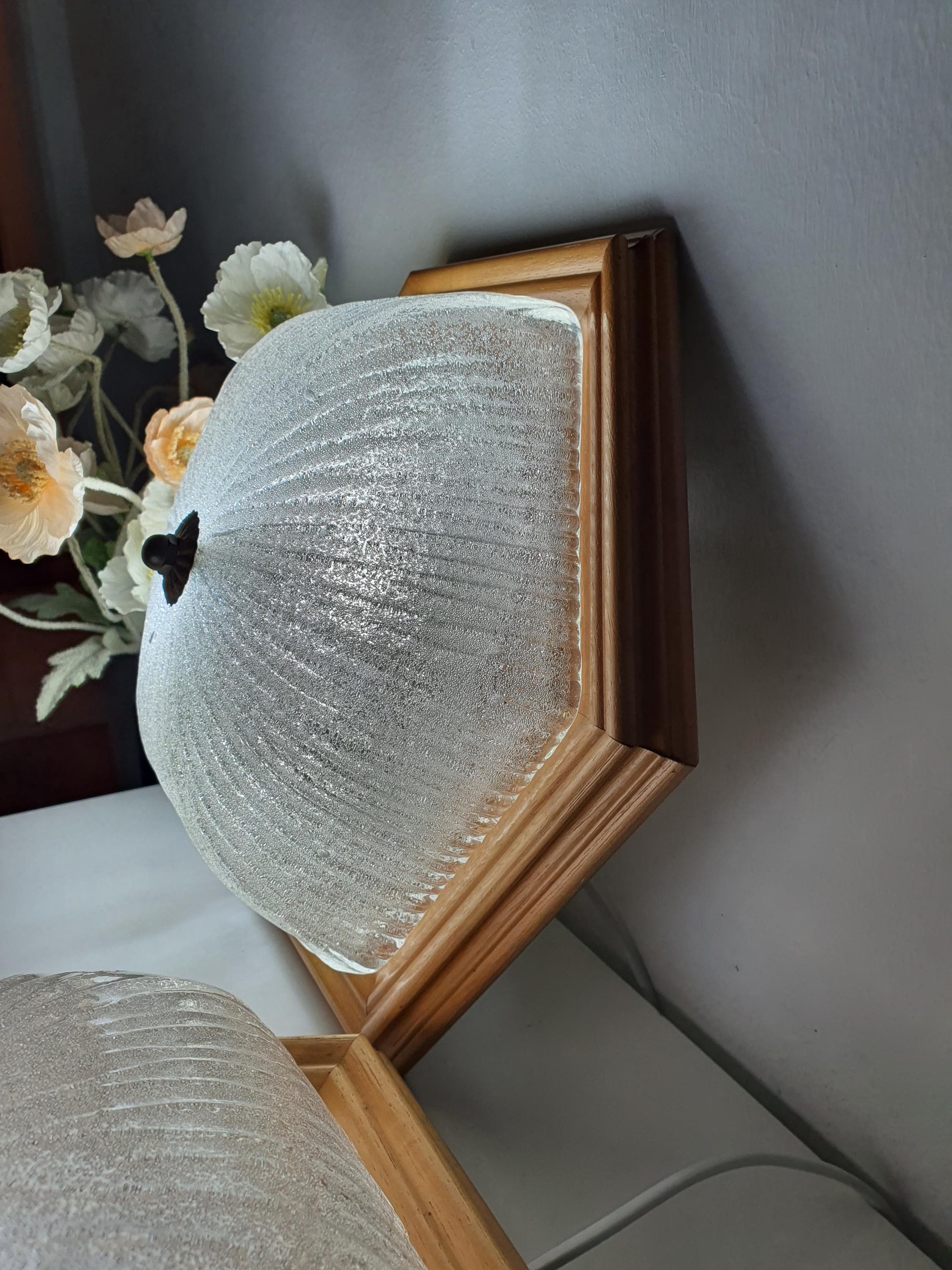 Pair of Vintage Frosted Glass Flush Mount Lights in Wooden Frame | MCM Venetian Design