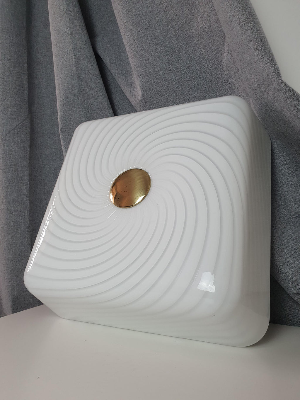 Vintage Murano Glass Flush Mount Light: White Swirl, MCM Retro Lighting