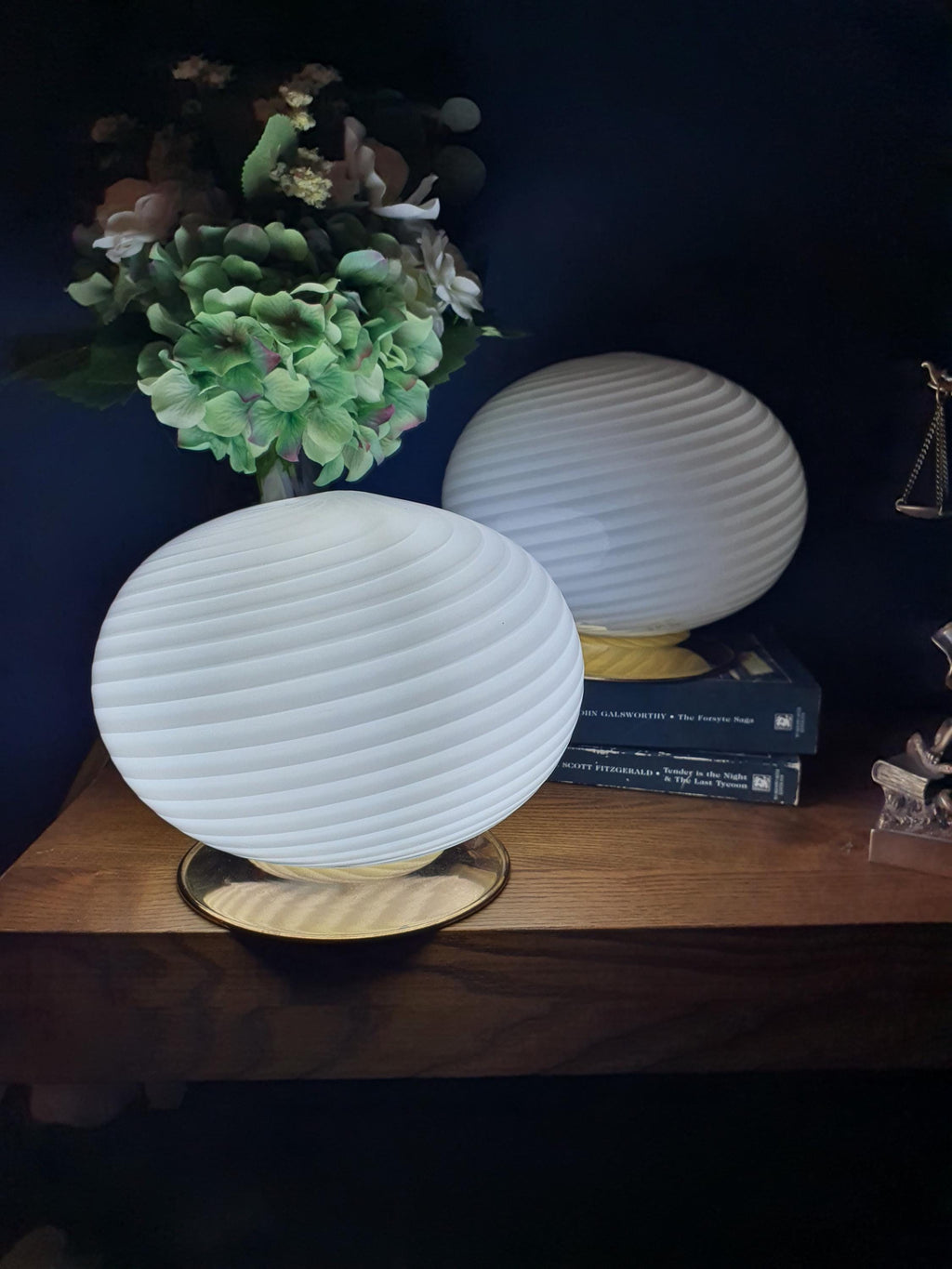 Pair of Vintage Murano Glass Swirl Globe Bedside Lamps Gold Base