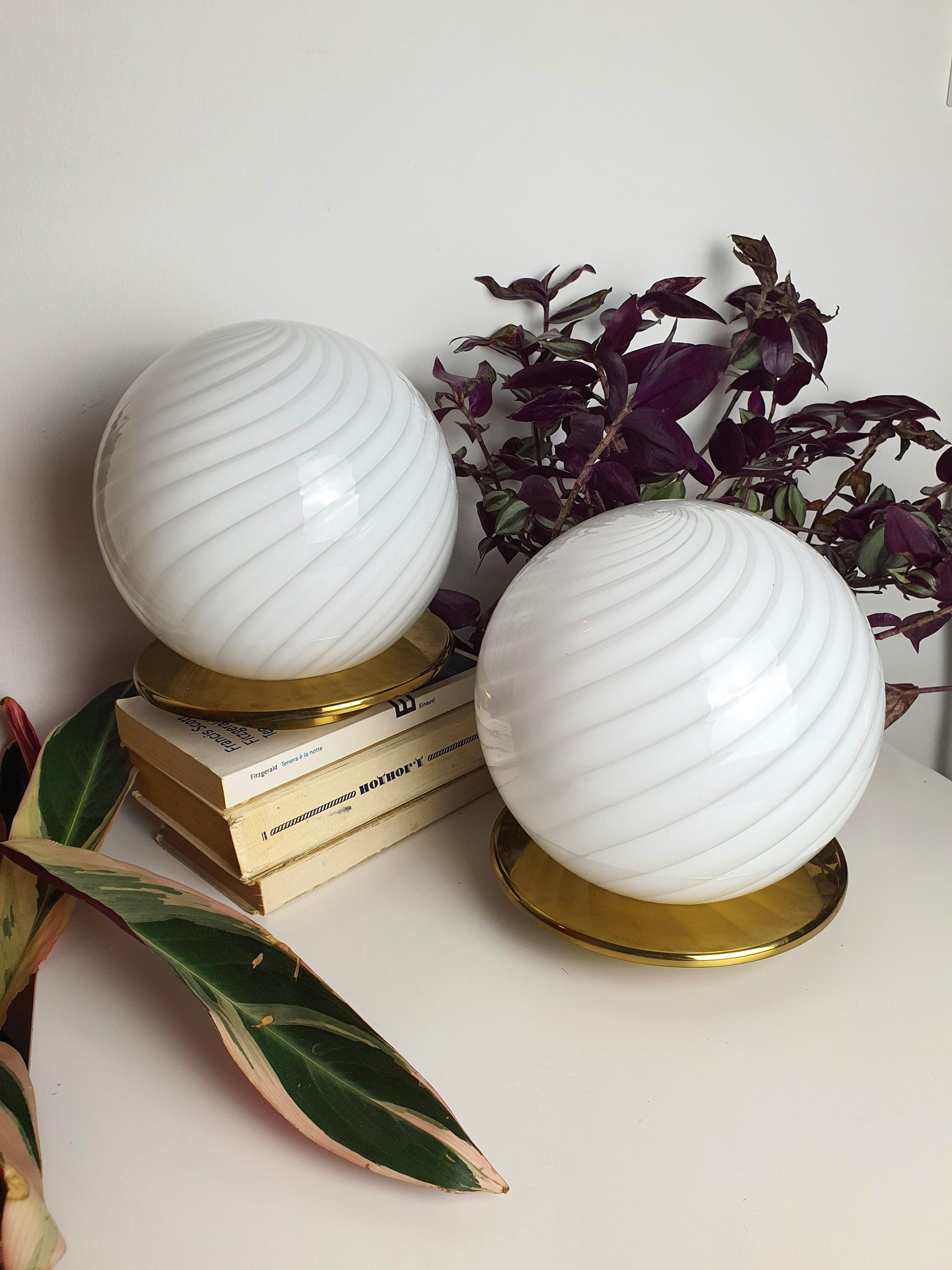 Murano Glass Table Lamps: White Swirl Globe, Brass Base, Mid-Century Modern