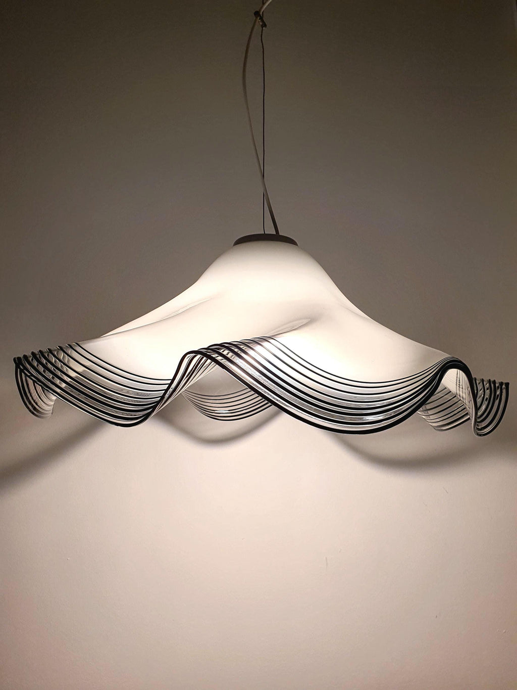 Vintage Murano Glass Pendant Light: Handkerchief Style, Black Stripe Edge