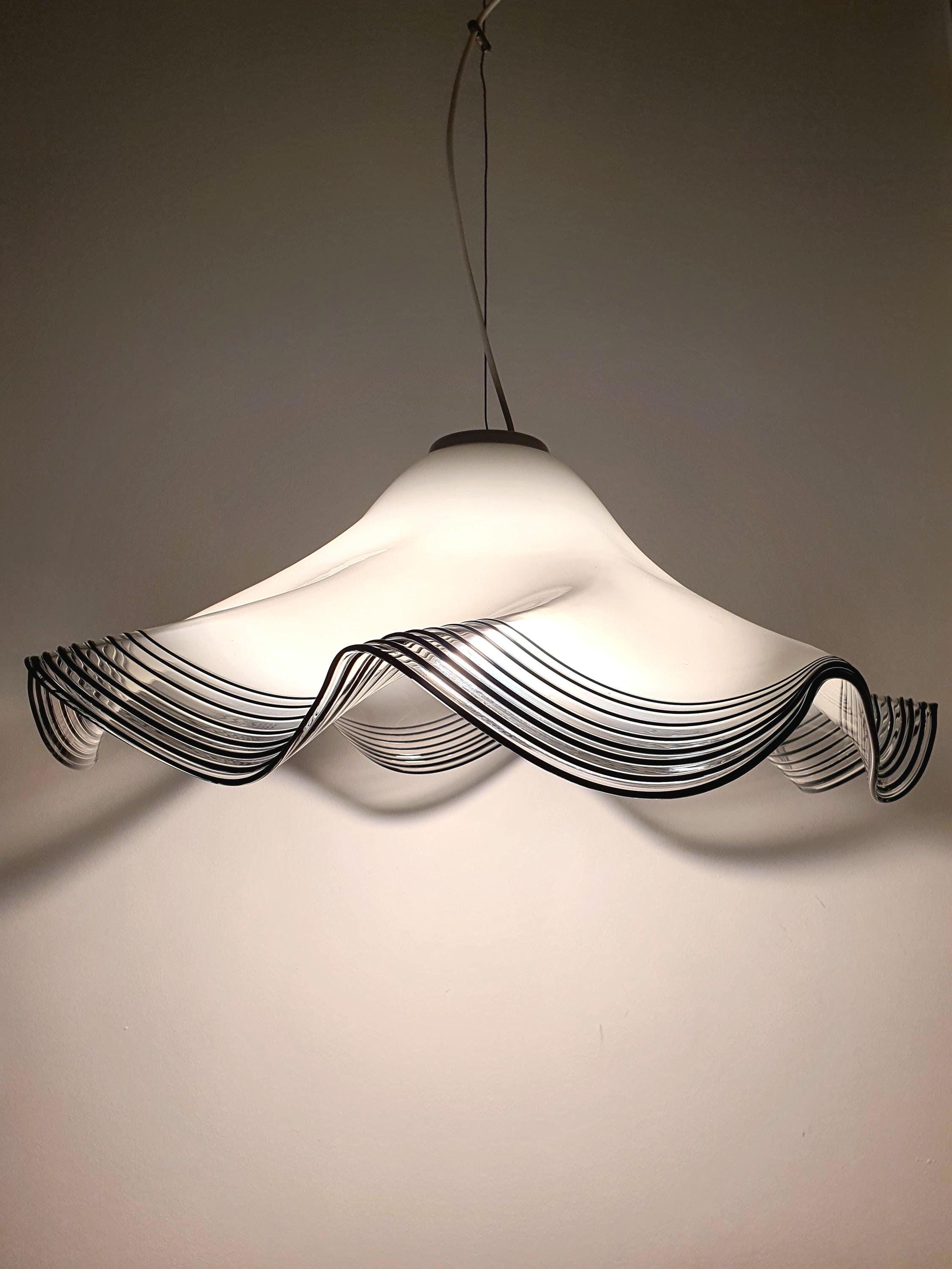 Vintage Murano Glass Pendant Light: Handkerchief Style, Black Stripe Edge