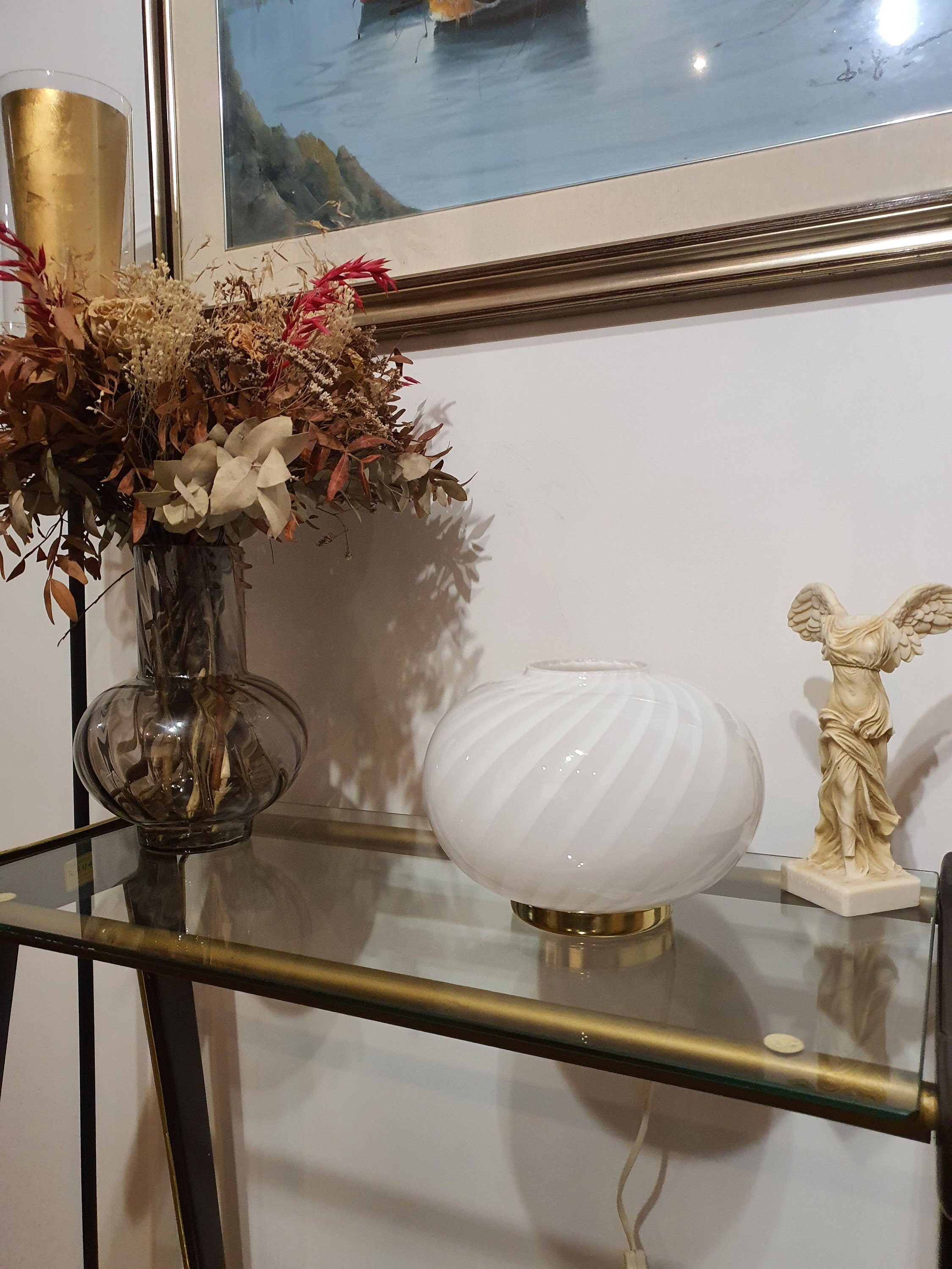 Murano Glass Table Lamp: White Swirl Globe, Golden Base, MCM Bedside Light