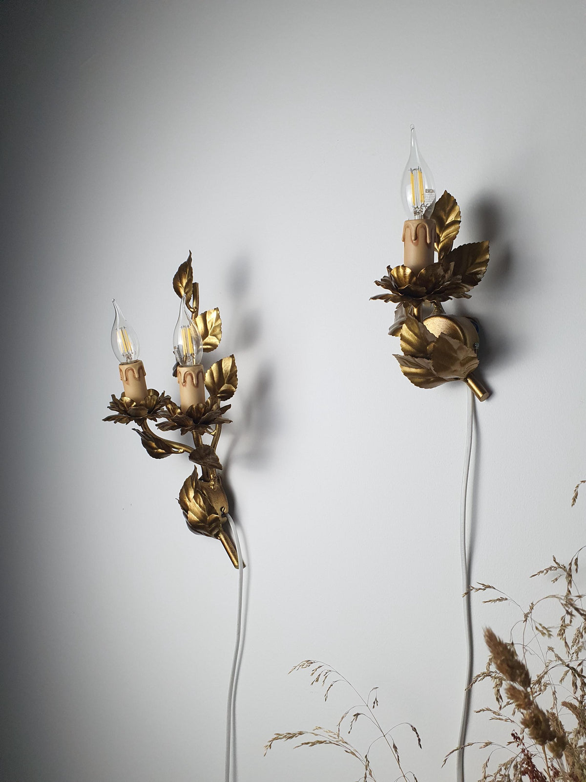 Curving botanical composition on the taller Italian wall sconce
