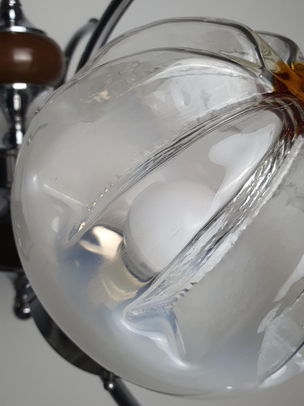 Vintage Murano Glass Chandelier | Mazzega Style | 3-Arm Globes | Chrome & Wooden Base