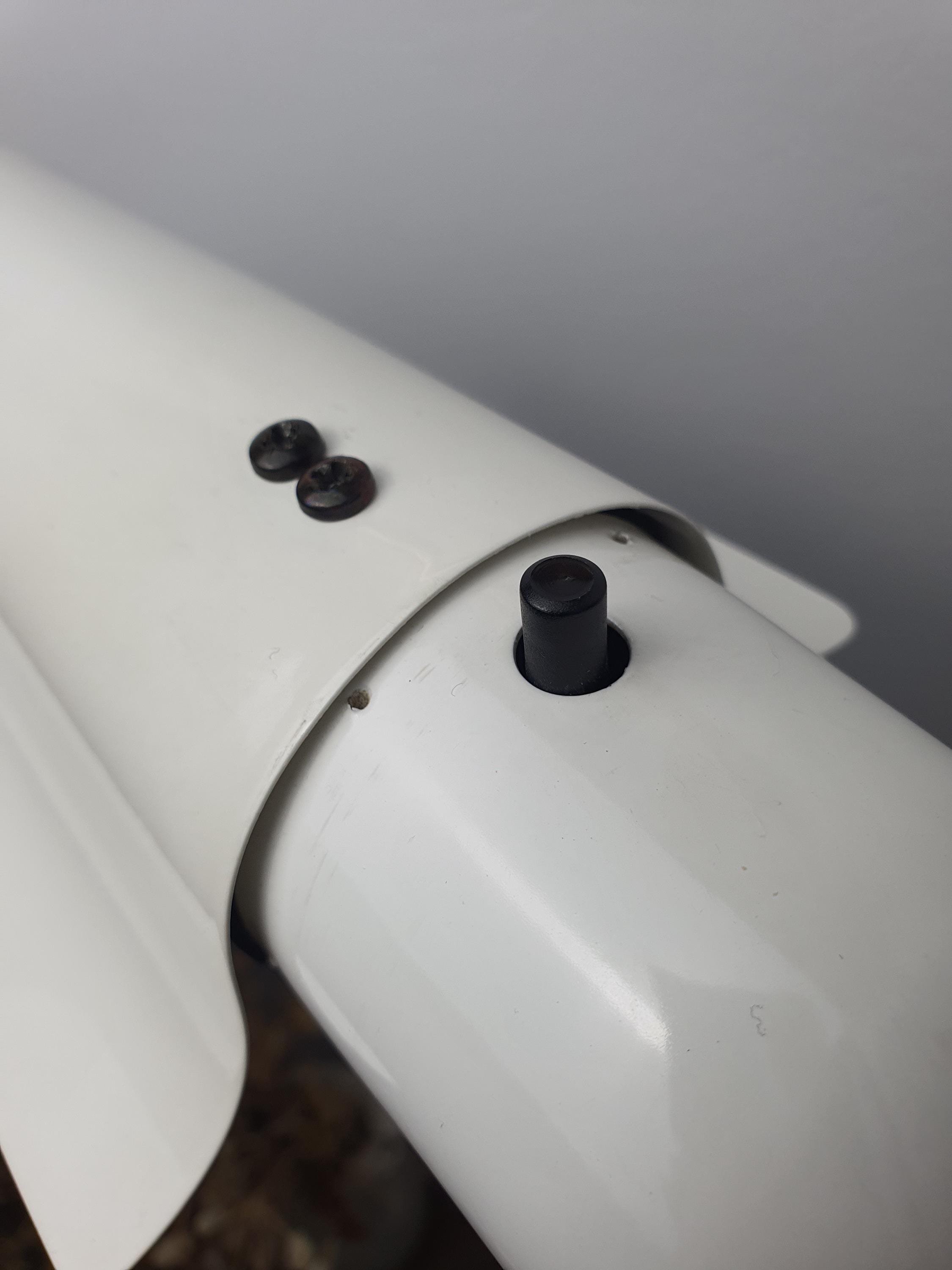 Vintage paint patina detail on white visor shade, 1970s Italian MCM floor lamp, authentic aged character