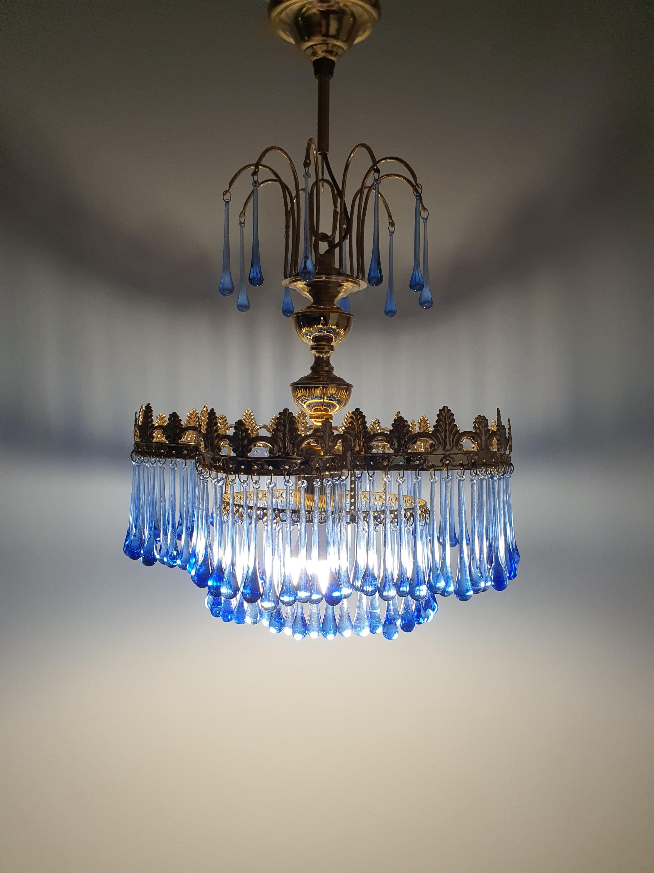 Small Vintage Teardrop Cascade Chandelier with Navy Blue Glass Drops on Gold Base | Hollywood Regency Lighting