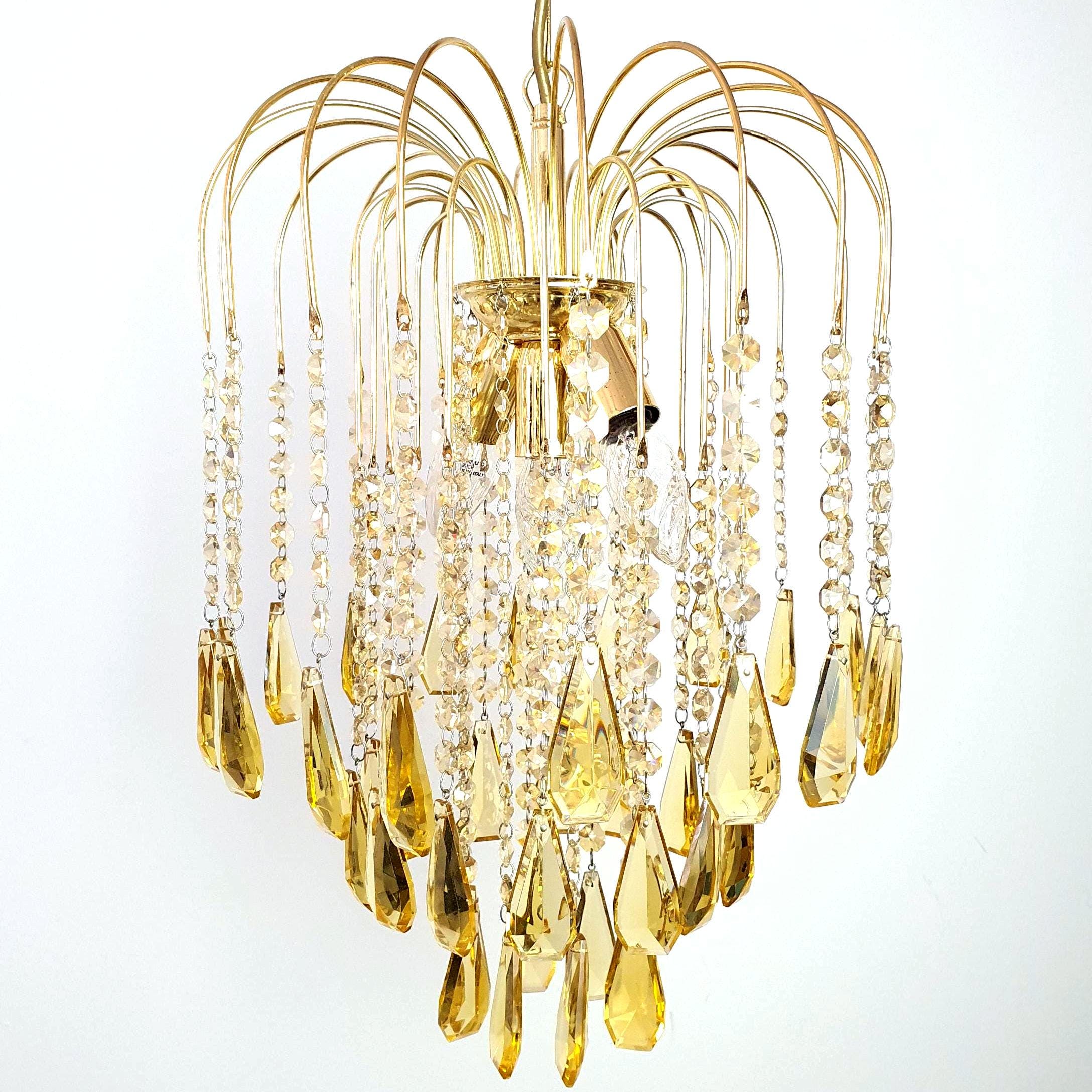 Vintage Honey Yellow Teardrop Chandelier: 1980s Hollywood Regency Gold Light