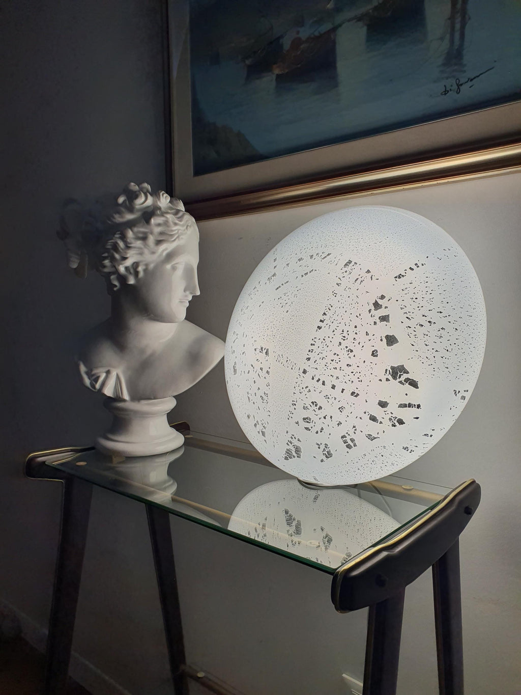 Vintage Murano white silver aventurine flush mount lit, soft white glow with shimmering silver flake constellation, low ceiling
