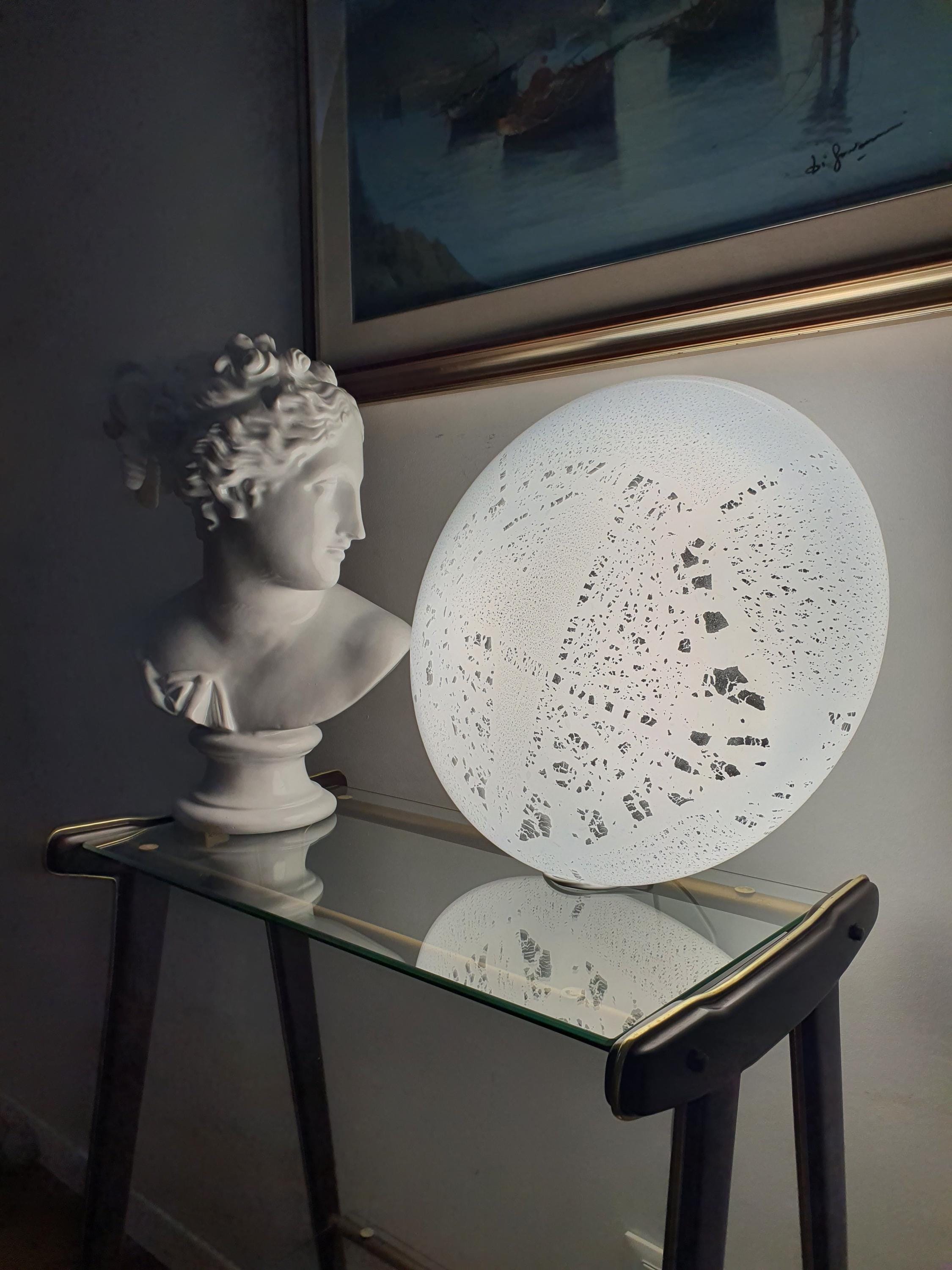 Vintage Murano white silver aventurine flush mount lit, soft white glow with shimmering silver flake constellation, low ceiling