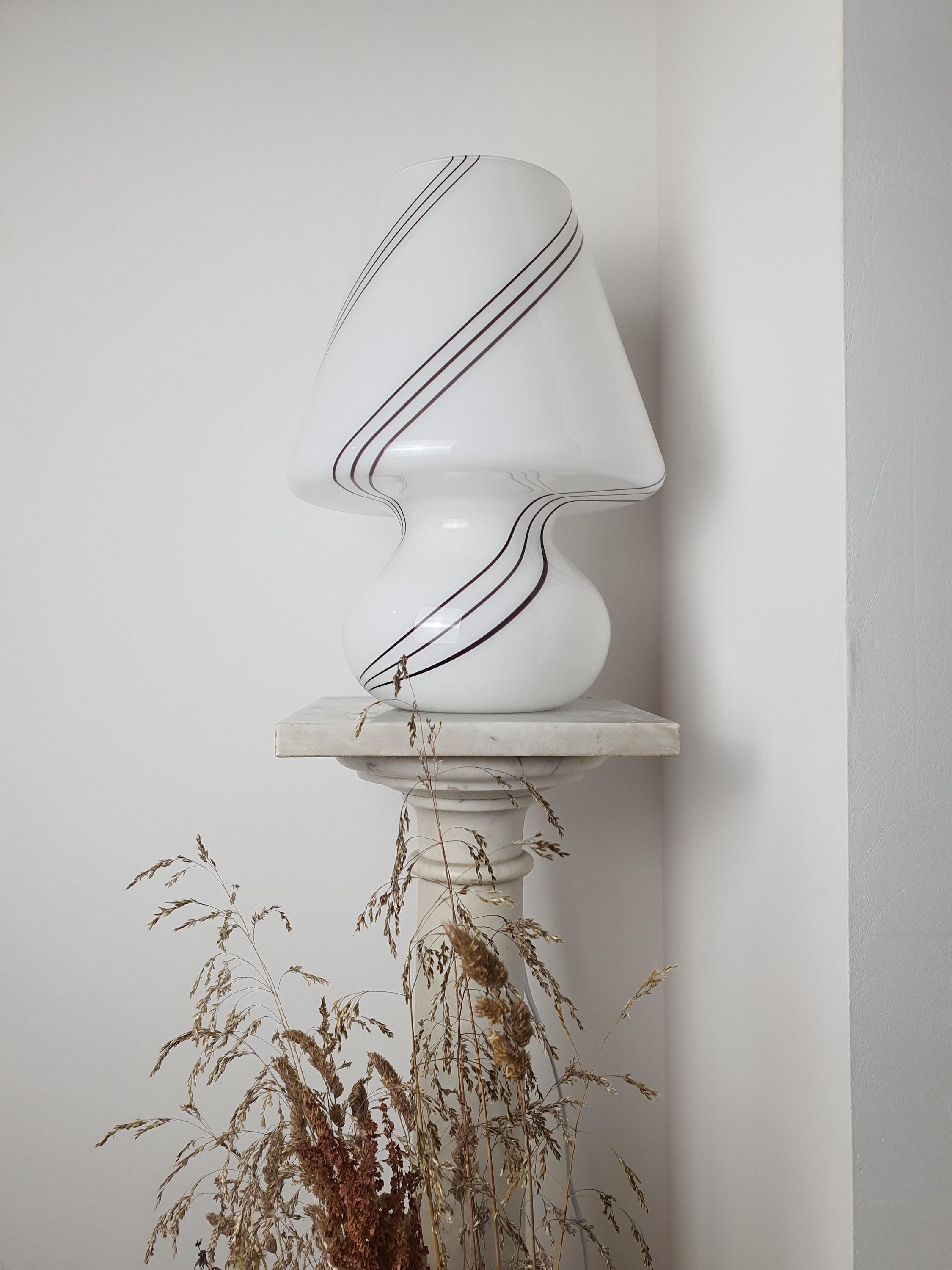 Vintage Murano Glass Mushroom Table Lamp | White with Black Swirl Lines | Mid-Century Italian Lighting